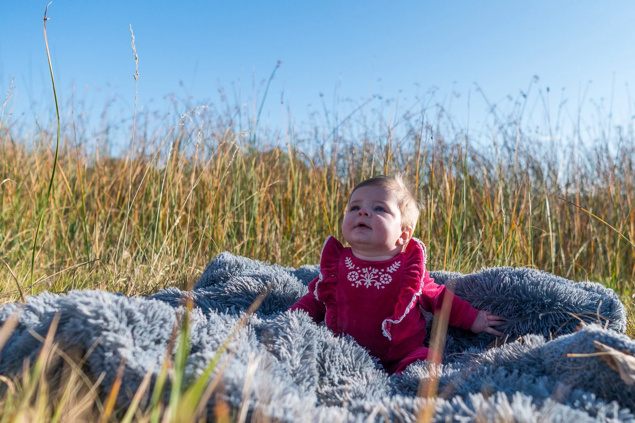 A baby girl in a red dress with white embroidery sitting on a fluffy blanket in a grassy field with tall grass and a clear blue sky.