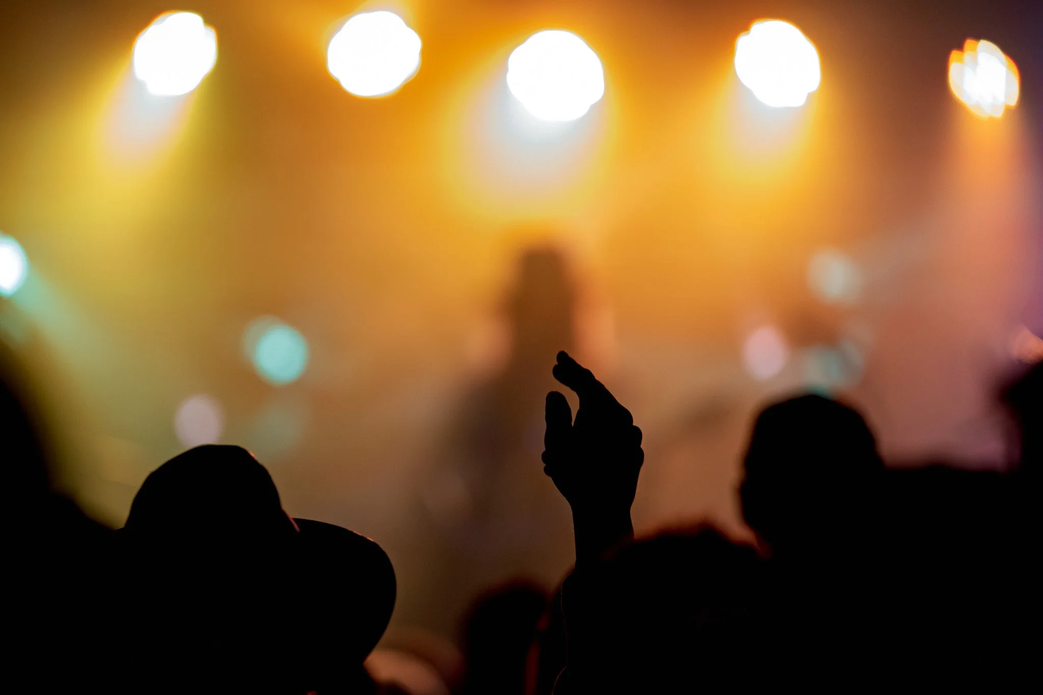 Silhouettes of people at a concert or event with colorful bright stage lights in the background.