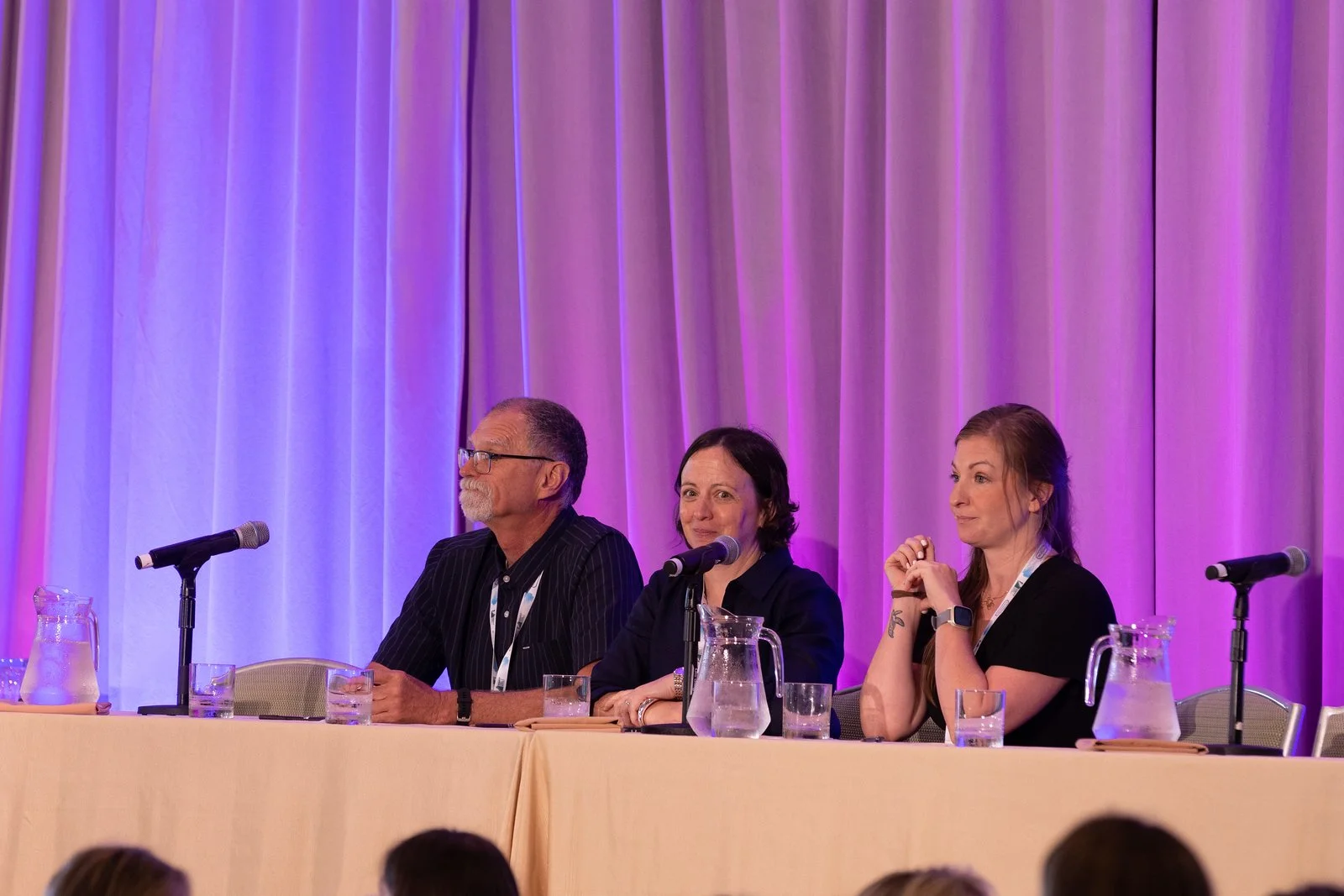 Three people seated at a panel table with microphones, glasses, and pitchers of water, against a purple curtain backdrop.
