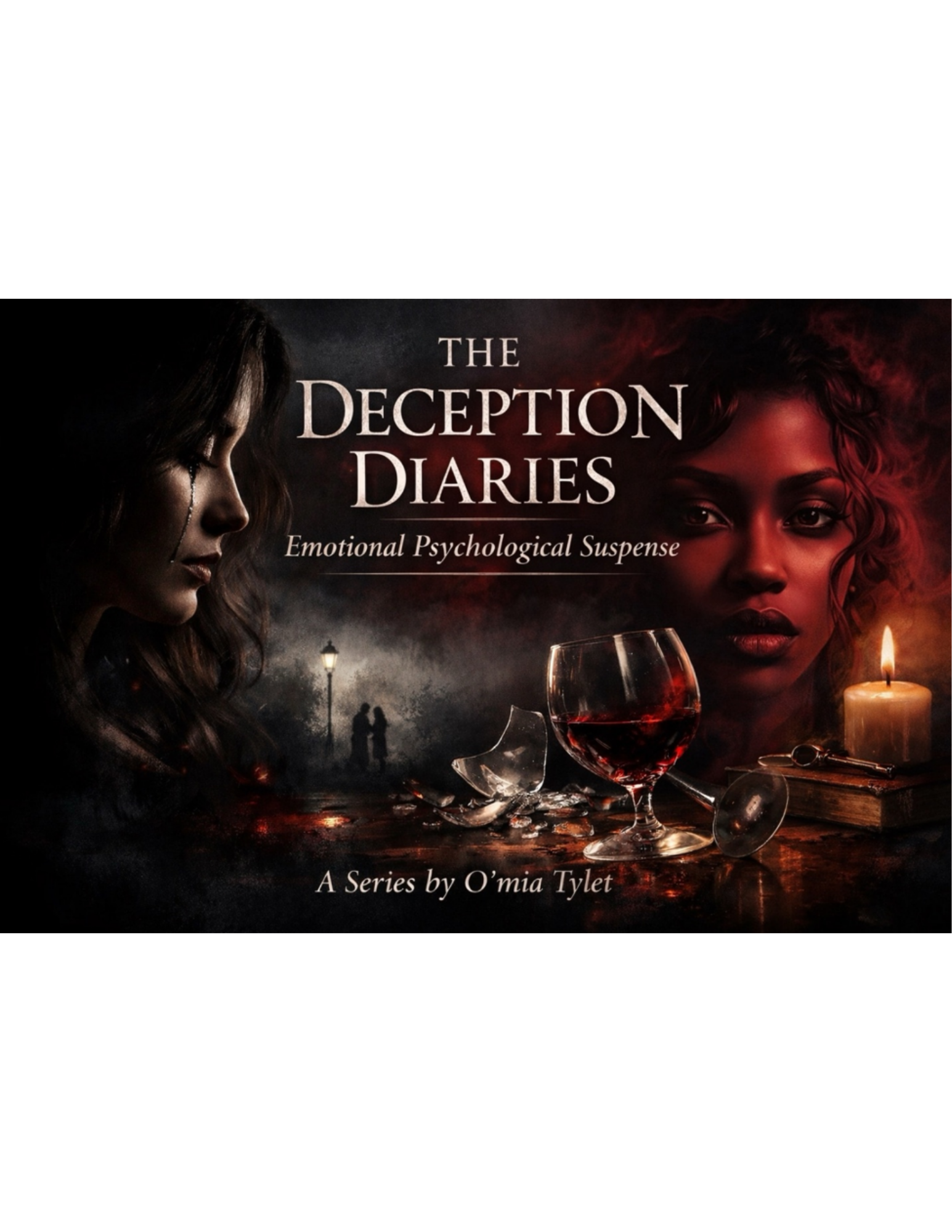 Cover of a book titled "The Deception Diaries" with two women, one with dark hair on the left side and one with curly hair on the right side, with wine glasses, a lit candle, and a pair of scissors on a table in front of them.