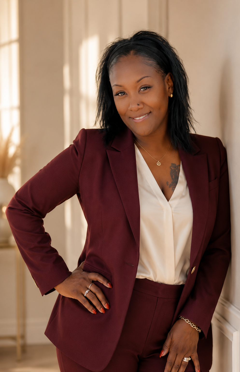 A woman with medium-dark skin tone, black hair, and a friendly expression posing indoors, leaning against a wall, wearing a maroon blazer and matching pants with a cream blouse, jewelry, and a tattoo on her chest.