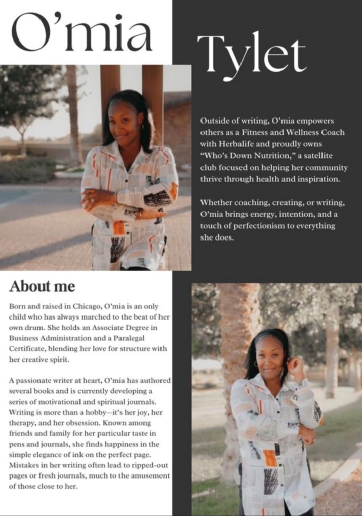 Profile page featuring a woman named O'mia Tylet with a photo of her outdoors, text about her background, coaching, and writing, and a dark and light background layout.
