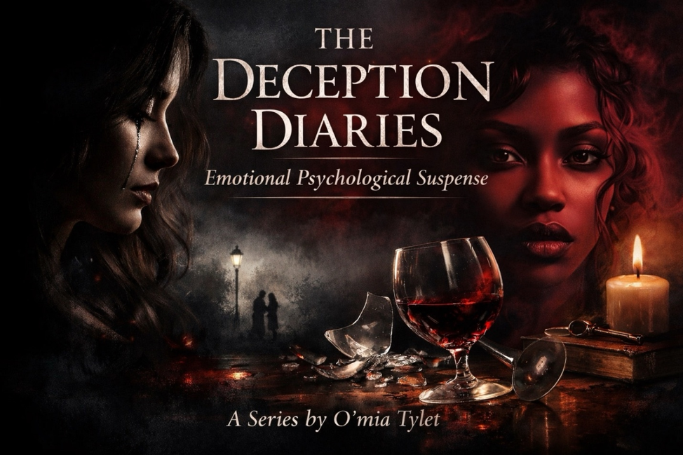 Cover of 'The Deception Diaries' book, showing two women, one on the left with dark hair and a tear on her cheek, and the other on the right with curly hair, along with a broken wine glass, a candle, and a key on a wooden surface.