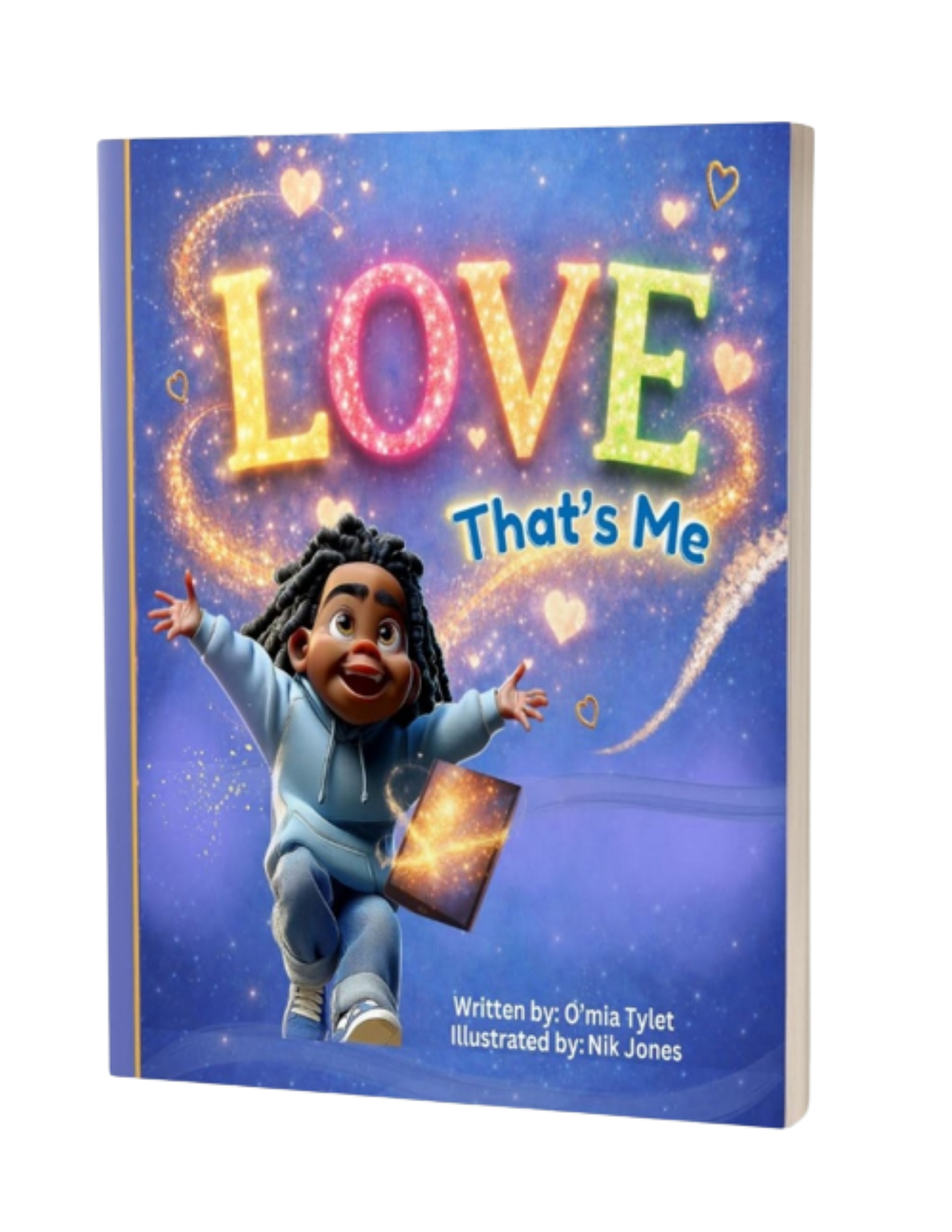 A colorful book cover titled "LOVE That's Me", showing a joyful character with curly hair wearing a blue hoodie and standing with arms outstretched, against a background of a starry night sky with swirling golden sparkles and small hearts.
