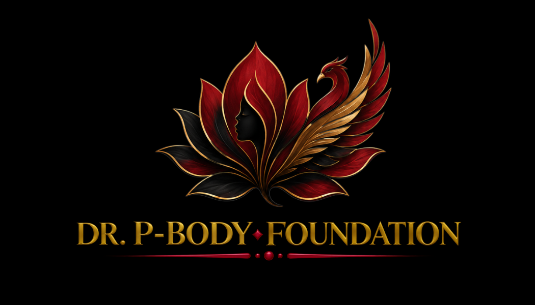 A logo featuring a stylized flower with dark red, black, and gold petals, and a woman's profile silhouette inside the flower. The text 'DR. P-BODY FOUNDATION' in gold is below the flower on a black background.