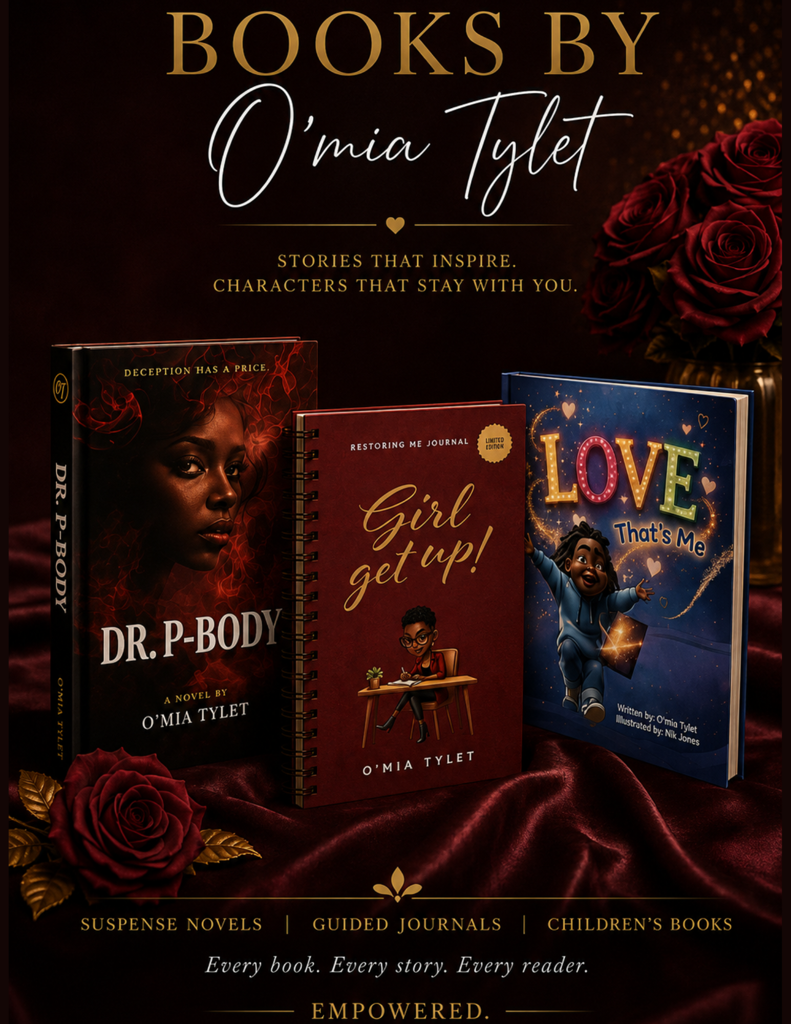 Promotional display of books by Mia Tylet, including a novel titled "Dr. P-Body," a guided journal titled "Girl, Get Up!" and a children's book titled "Love, That's Me," decorated with deep red roses and gold accents on a velvet background.