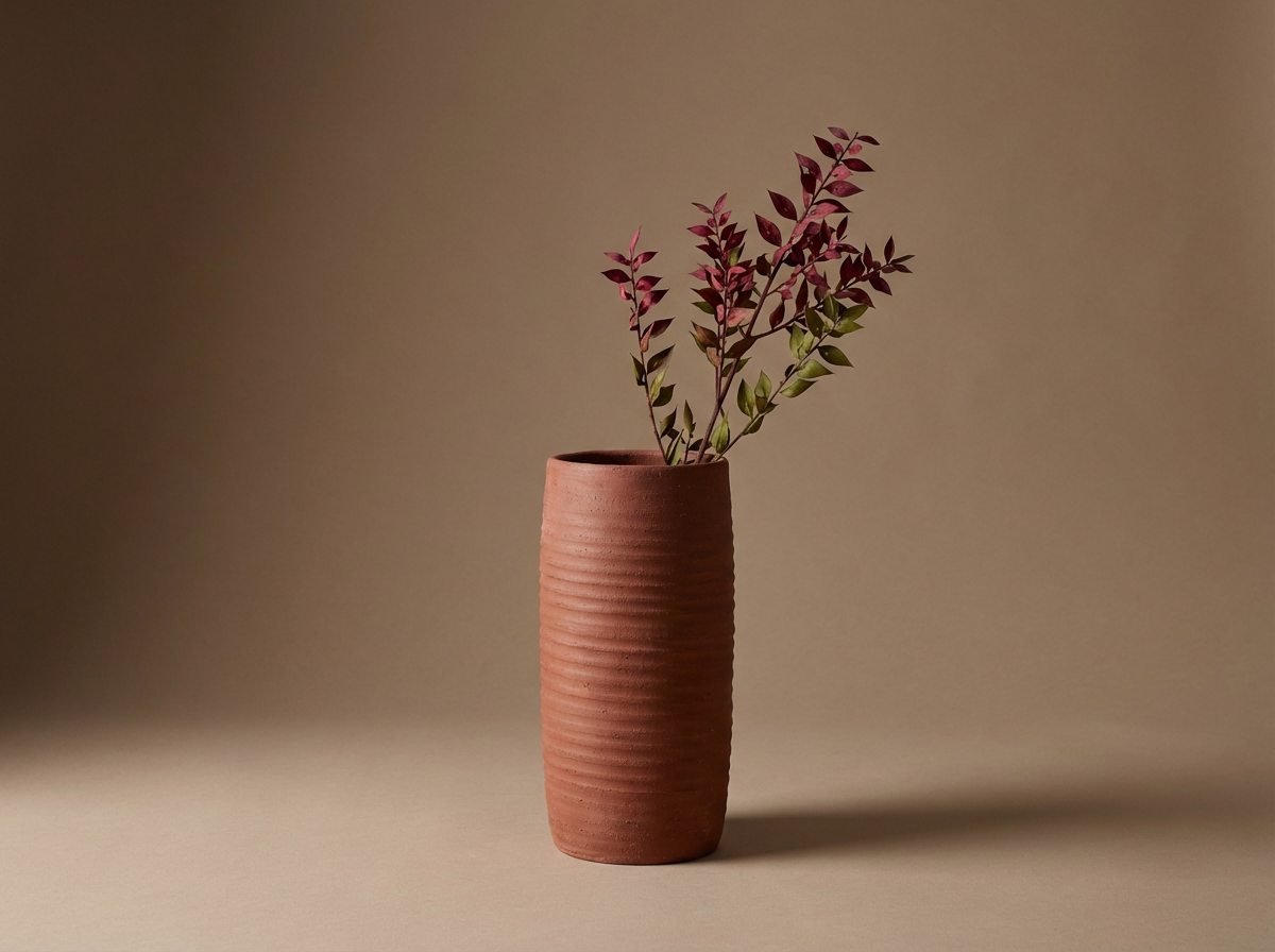 A tall, textured, reddish-brown ceramic vase holding a small arrangement of dark green and reddish leaves, set against a neutral background.