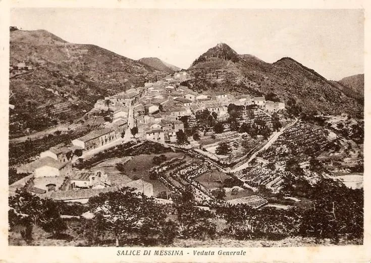 A black-and-white photo of the town Salice di Messina, showing a hillside with several buildings, terraced gardens, and winding paths, surrounded by mountainous terrain.
