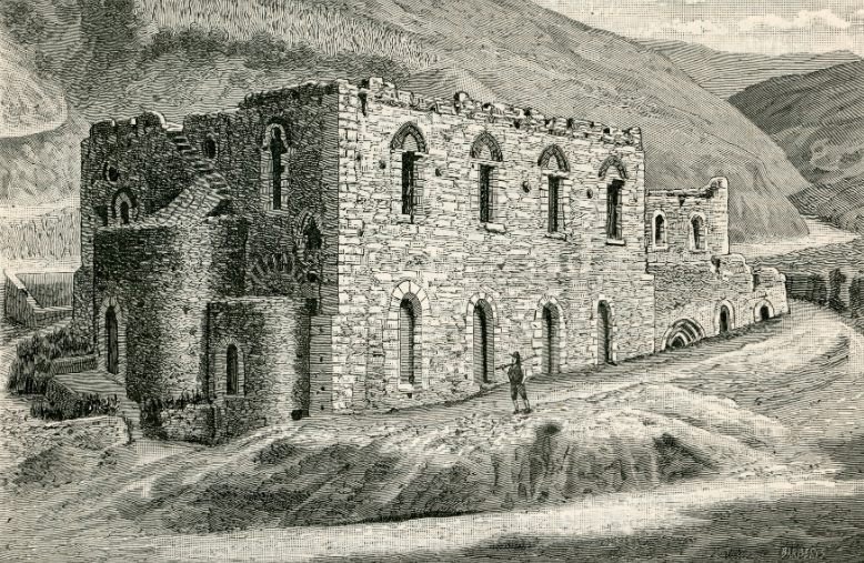 Black and white sketch of an old stone castle with multiple windows, surrounded by hilly terrain and a dirt path with two people standing nearby.