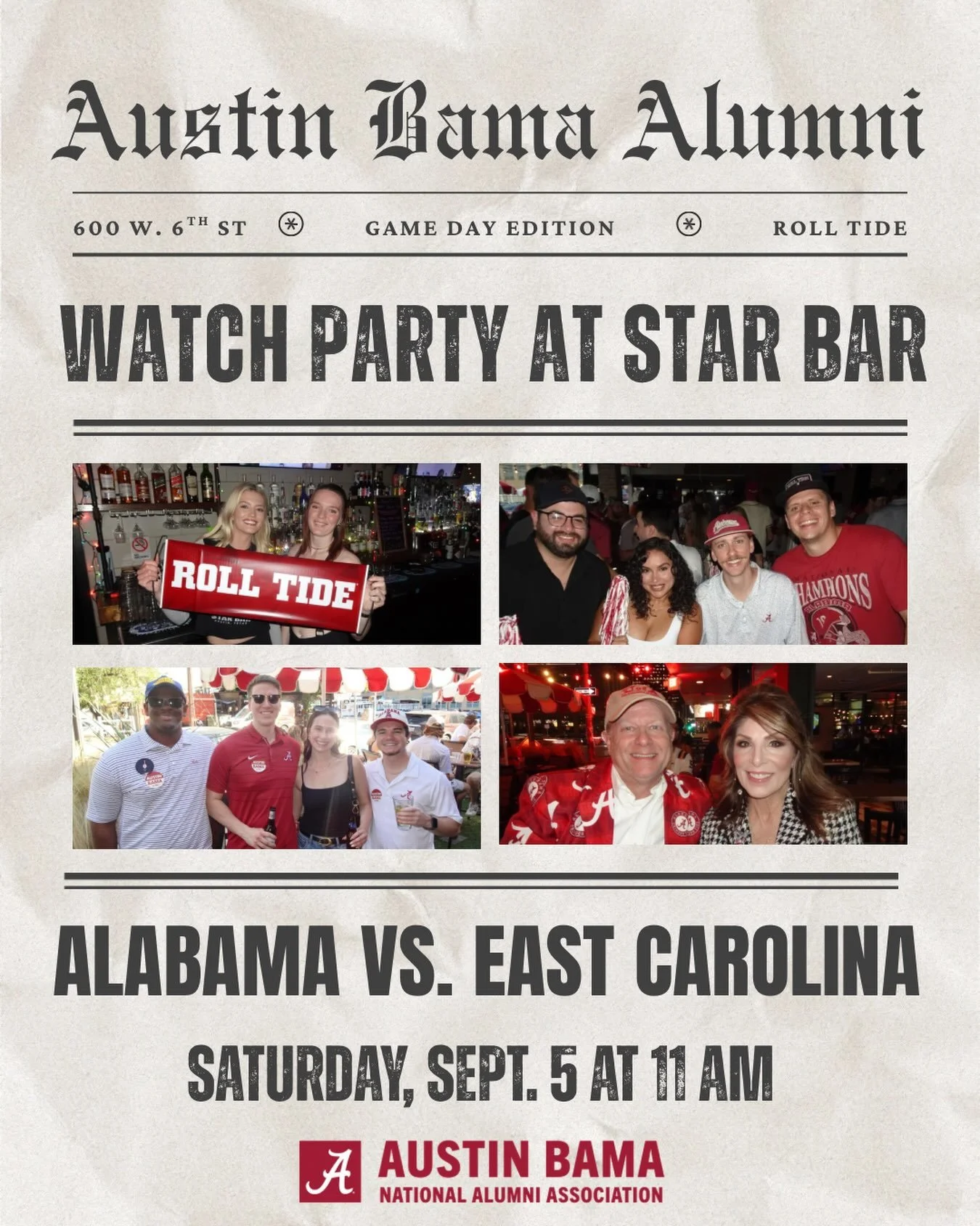 Shiver me timbers, football season is officially back! 🏈🐘
 Set sail for @starbaraustin for our first watch party of the season, grab a drink, and roll with the Tide. 🏴&zwj;☠️🌊
 📍 Coordinates: Star Bar (600 W. 6th St) 🗓 Date: Saturday, Sept. 5 ⏰