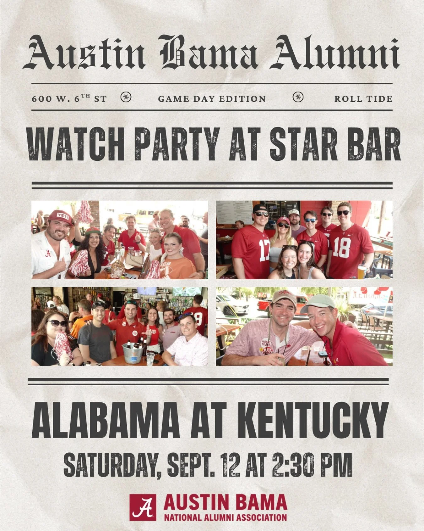🐱🚫NO CATS IN THIS HOUSE! 🐘🏈

The Tide is rolling into Star Bar this Saturday as Alabama takes on Kentucky!

📍 Star Bar &mdash; 600 W. 6th St.
📅 Saturday, Sept. 12
⏰ Kickoff at 2:30 PM

Come hang with your fellow Austin Bama alumni, rep the Crim