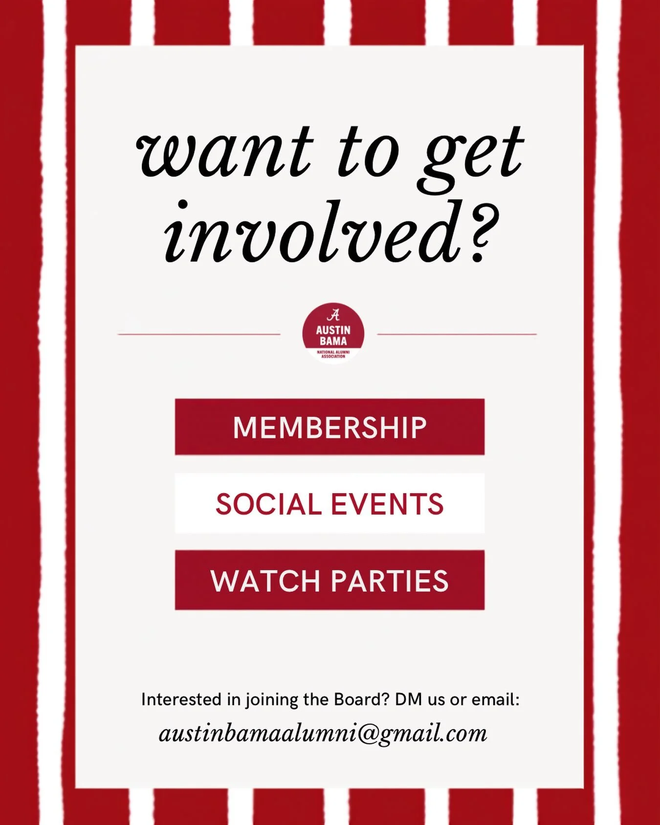 Want to get involved with Austin Bama Alumni? 🐘❤️

We&rsquo;re looking for volunteers to help make our events, watch parties, and alumni community even better!

Can&rsquo;t commit to the entire season? That&rsquo;s totally fine! Let us know when you