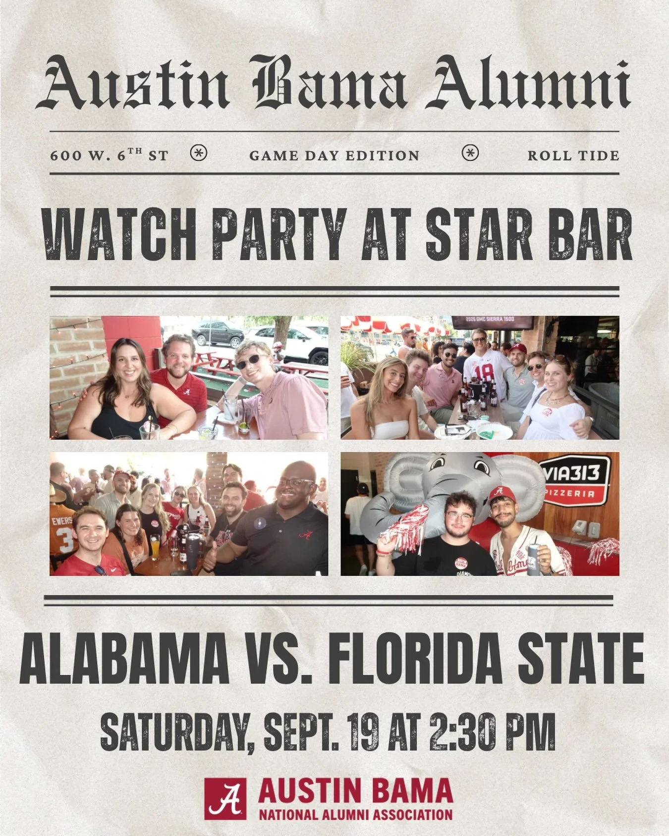 Let&rsquo;s Roll the Noles 🐘🏈

Alabama takes on Florida State this Saturday at Star Bar! Come early, grab a drink, and get ready for game day.

📍 600 W. 6th St.
📅 Saturday, Sept. 19
⏰ 2:30 PM CT

As a reminder, seating is first come, first served