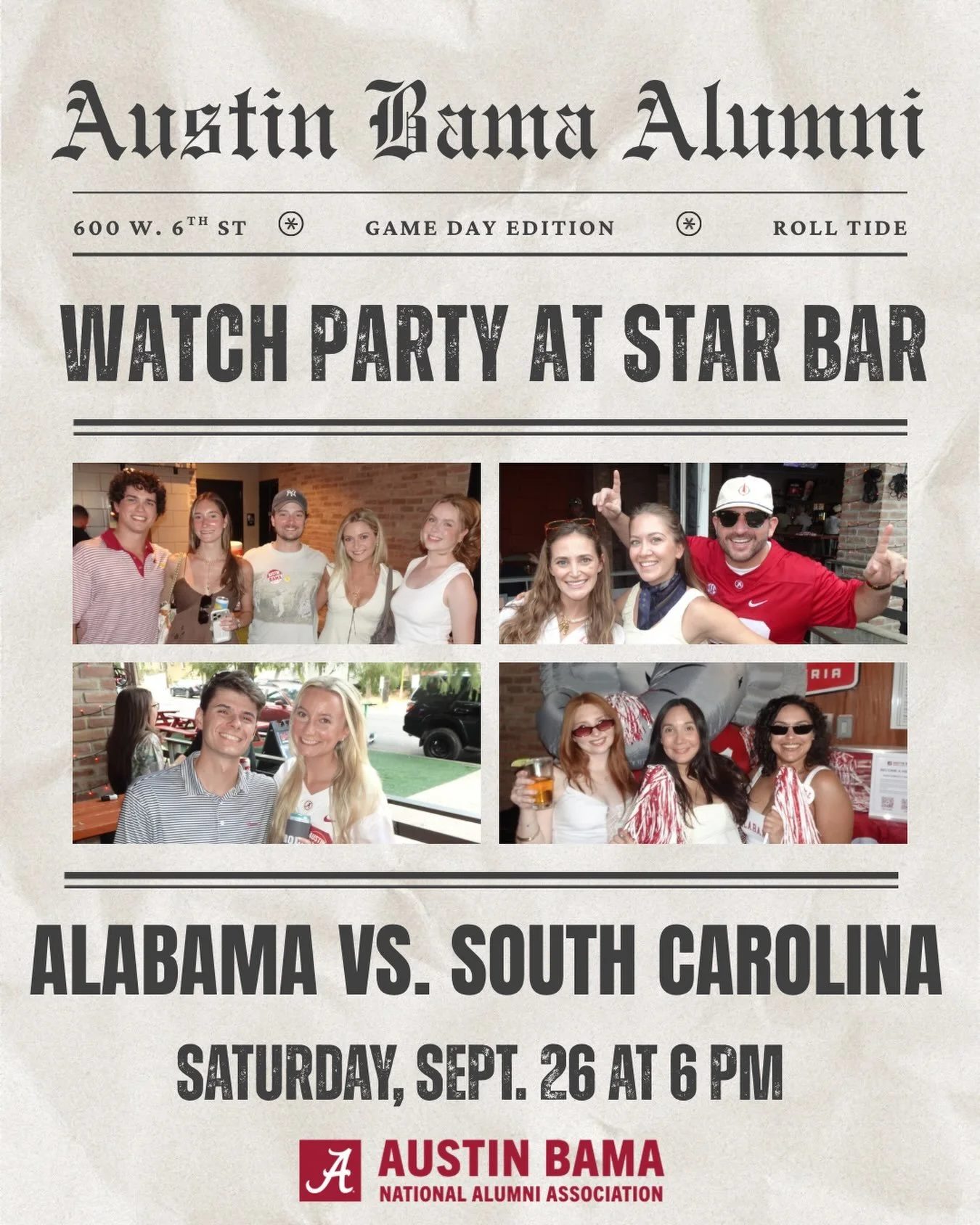 TIME TO RUFFLE SOME FEATHERS! ❣️🐘🔥

ALABAMA VS. SOUTH CAROLINA
Saturday, September 26 &bull; 6 PM CT

Get here early to grab a table! First come, first served. 🍻

See you at Star Bar!🏈