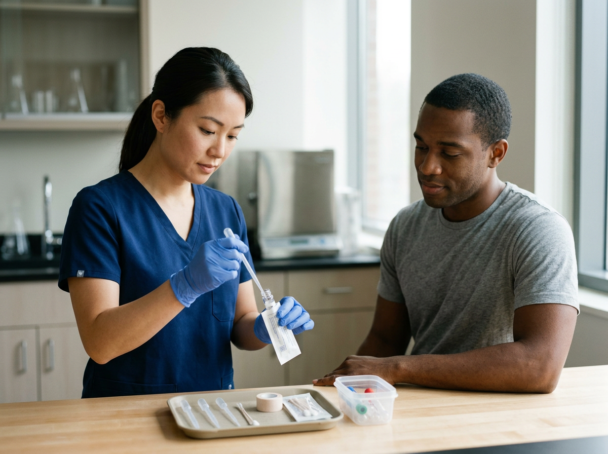 Healthcare professional in blue scrubs and gloves preparing a medical injection for a patient in a clinical setting.