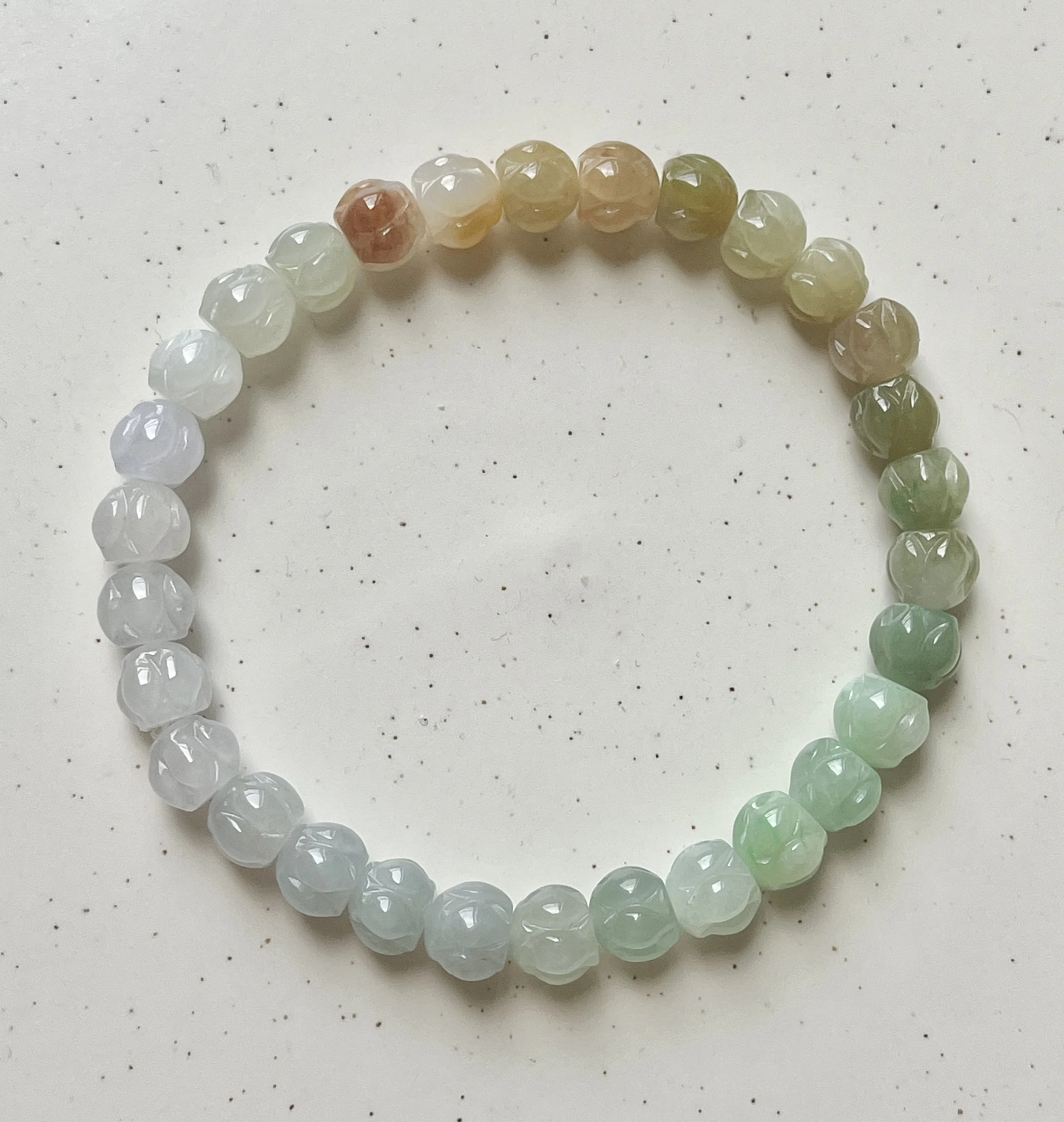 Hand-Carved  Natural Grade A  Jadeite Lotus Bead Bracelet - Certified Untreated Jade