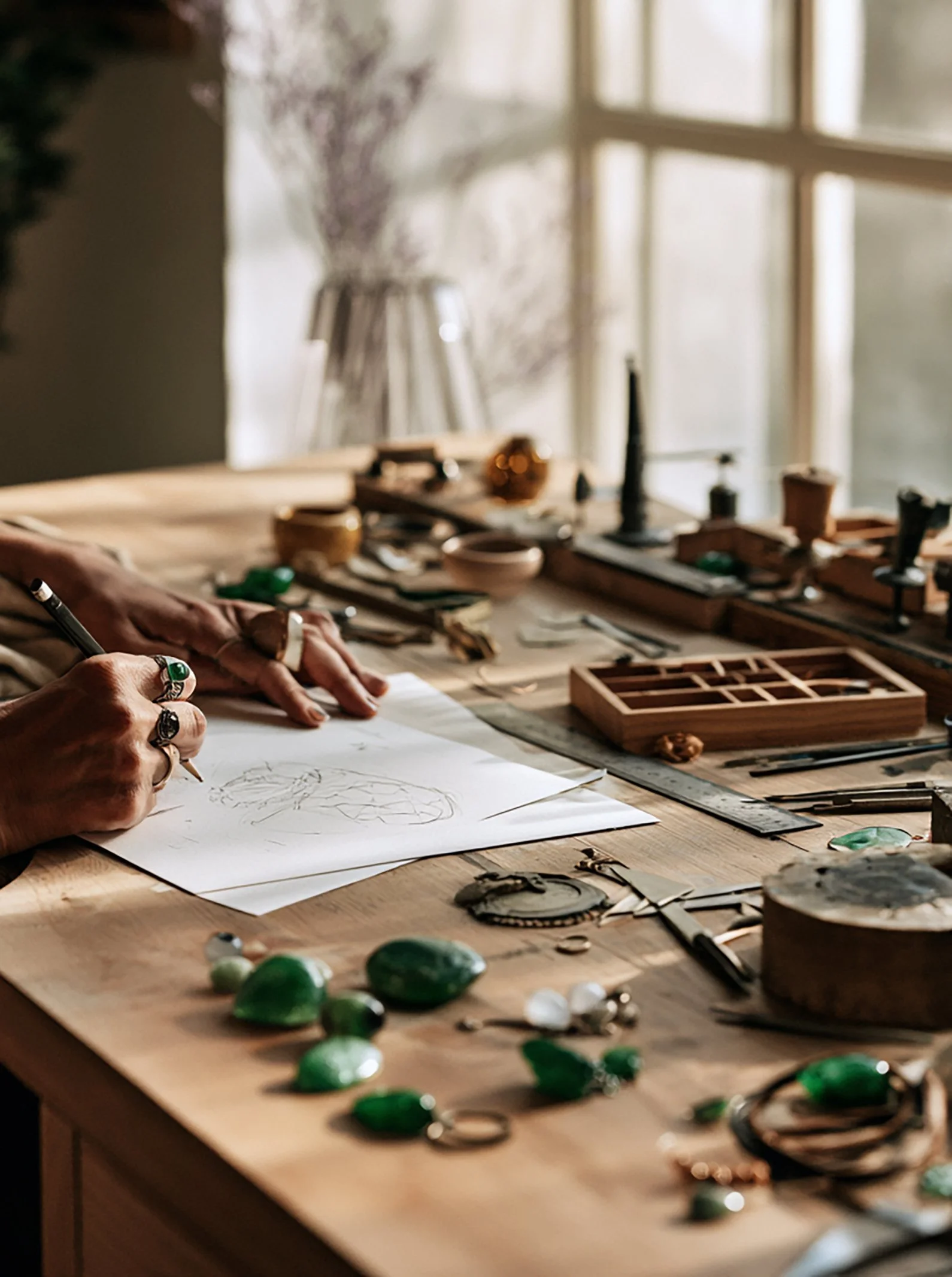 A workspace with various jewelry-making tools and materials; a person is sketching designs on paper, with handmade jewelry pieces, stones, and metal findings laid out on the wooden table; in the background, a window lets in natural light.