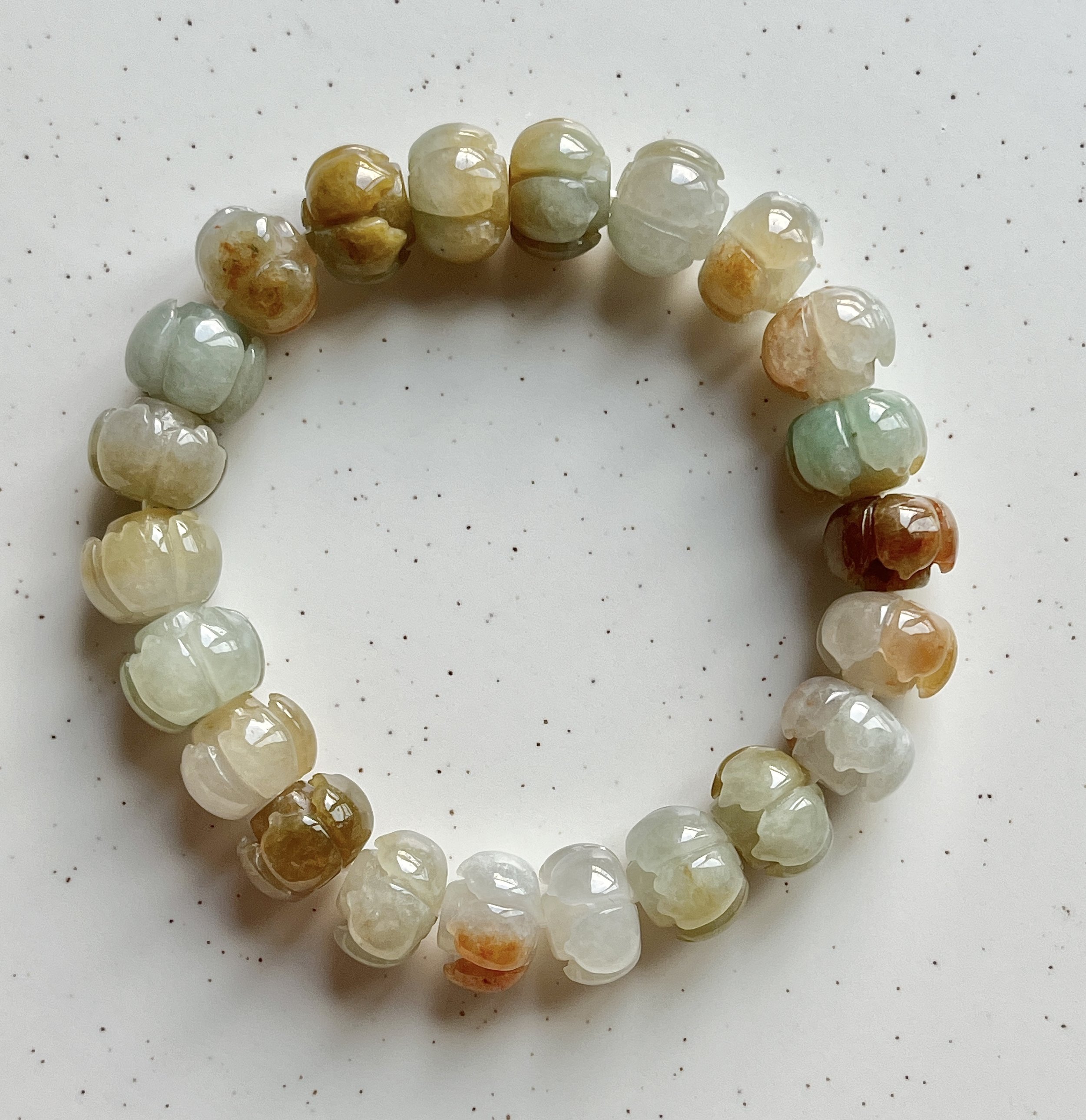 Hand-Carved  Natural Grade A  Jadeite Lotus Bead Bracelet - Certified Untreated Jade