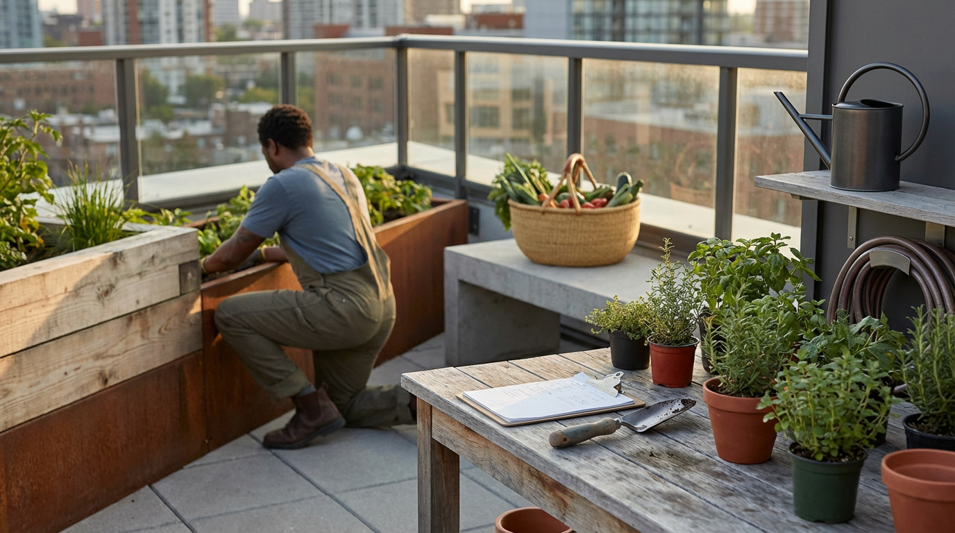 A person gardening on a balcony, surrounded by potted plants and gardening tools, overlooking a cityscape.