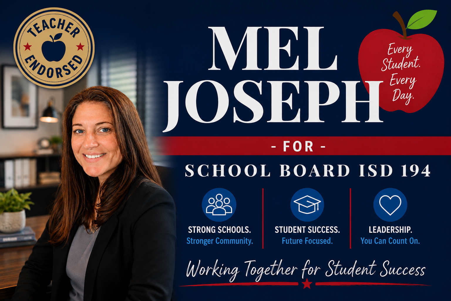 A woman with brown hair and a black blazer smiling in an office. The image is a campaign poster for Mel Joseph running for school board, with slogans emphasizing strong schools, student success, and leadership.