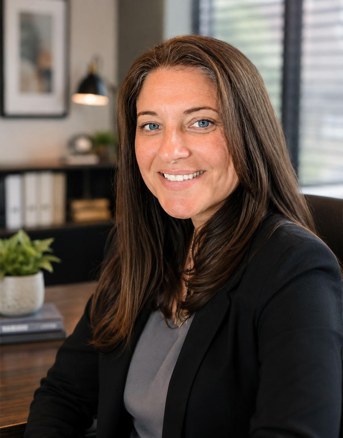 A professional woman with long brown hair and blue eyes smiling in an office setting, with a potted plant and books on a desk in the background.