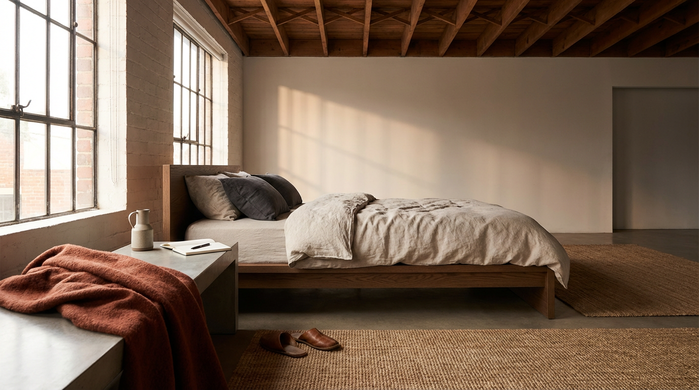 A minimalist bedroom with a wooden bed frame and a beige bedspread, black and beige pillows, natural sunlight coming through large industrial-style windows, a concrete side table with a notebook, pen, and white vase, a reddish-brown blanket draped over a seating area, brown slippers on the floor, and a mix of woven and plain rugs on the concrete floor, exposed wooden ceiling beams.
