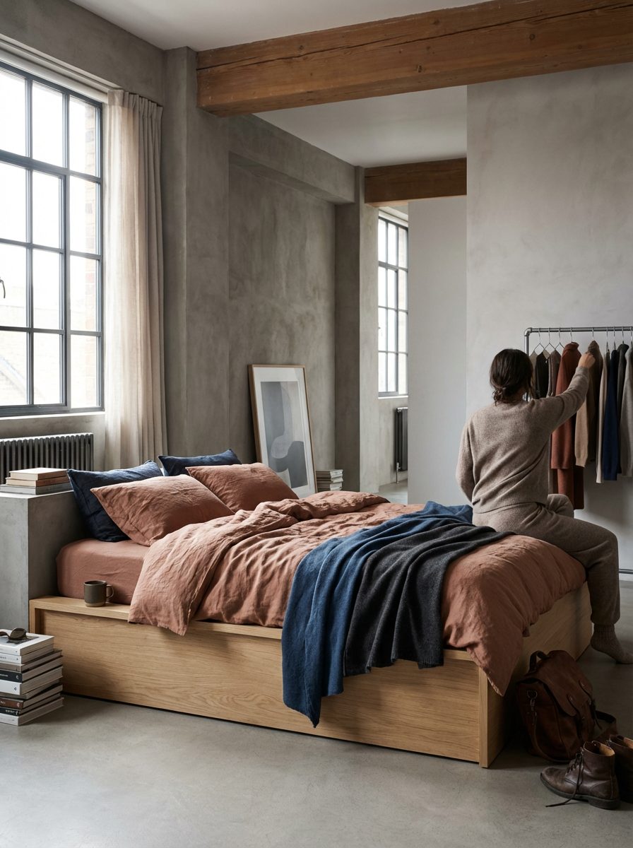 A woman sitting on a bed in a modern, minimalist bedroom, looking at a clothing rack with various clothes, with large windows and natural light.