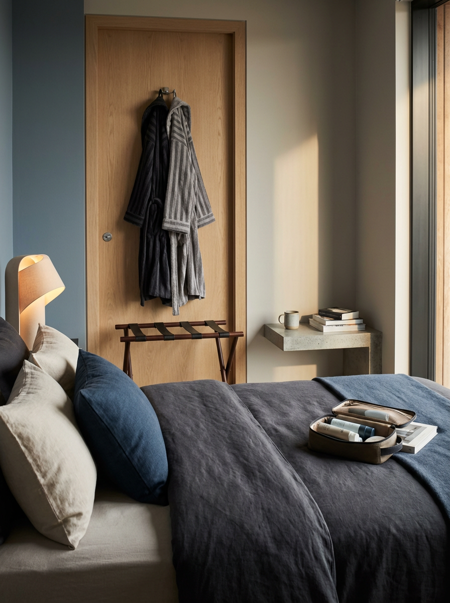A neatly made bed in a modern bedroom with a gray blanket and multiple pillows. There is a small light attached to the headboard. Next to the bed, a wall-mounted concrete nightstand holds books and a mug. A wooden door has two bathrobes hanging on it, and a luggage rack is below. Sunlight streams in through a large window on the right.