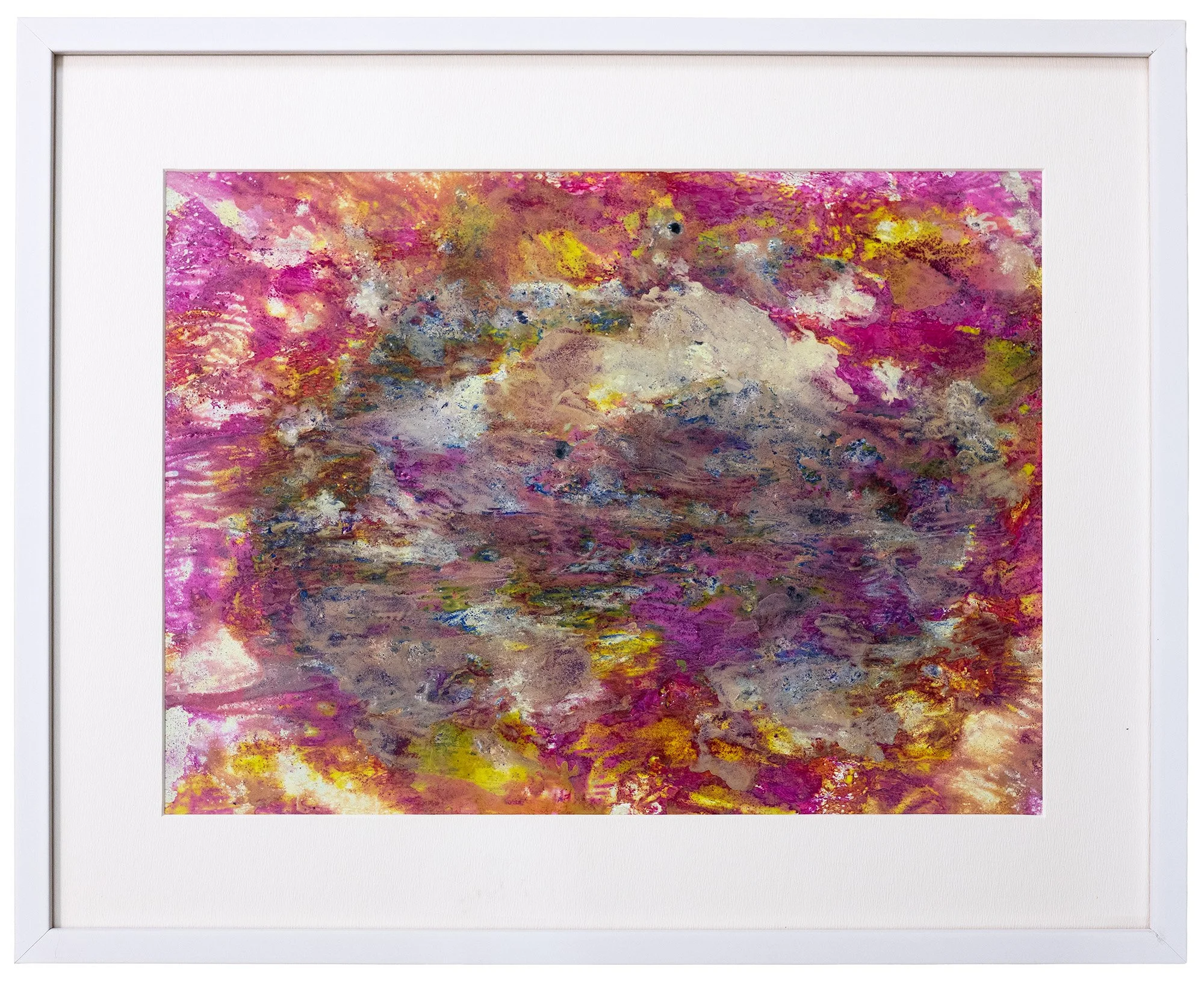 L'île, 2026  
 Peinture à l’huile, pigments, encre, cire et aquatinte sur papier Hahnemühle,  Encadrement bois blanc et verre musée   
 37x45 cm