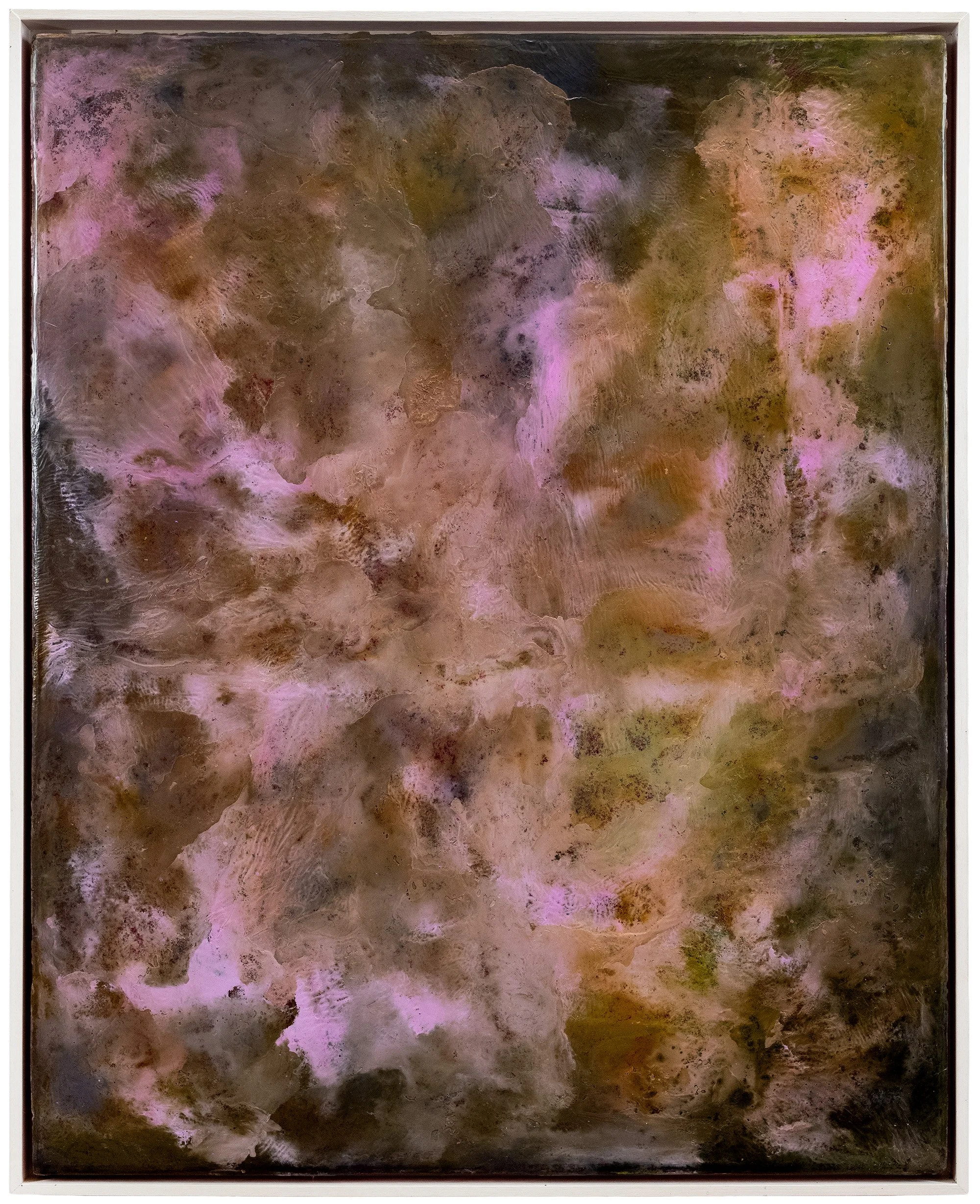 Promesse, 2022
 Peinture à huile, pigments, 
cire et encre sur toile
 Encadrement caisse américaine bois blanc
 100x80 cm
