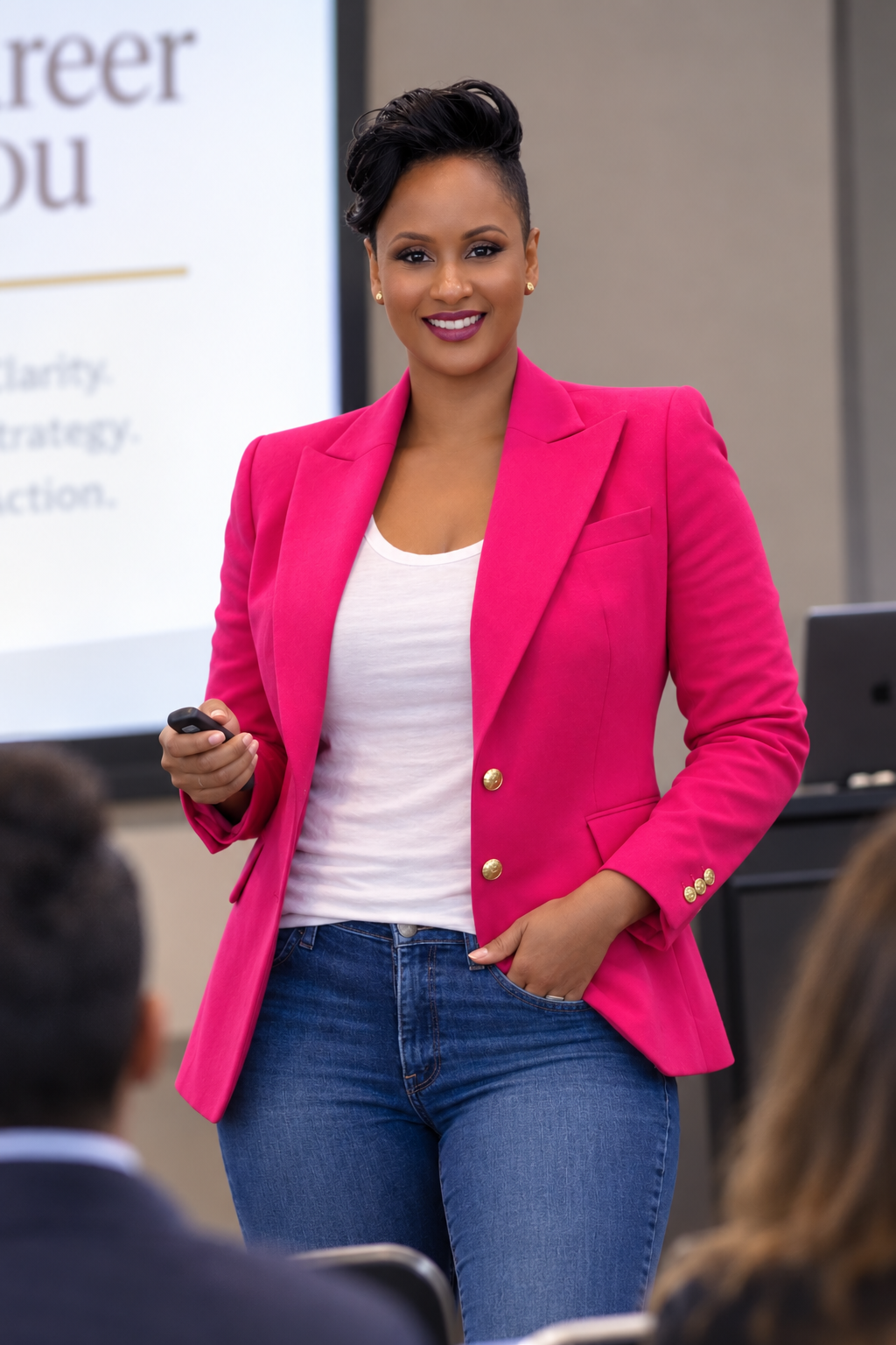 A woman with short black hair, wearing a bright pink blazer and jeans, standing in front of an audience and smiling, holding a presentation remote during a presentation in a conference room.