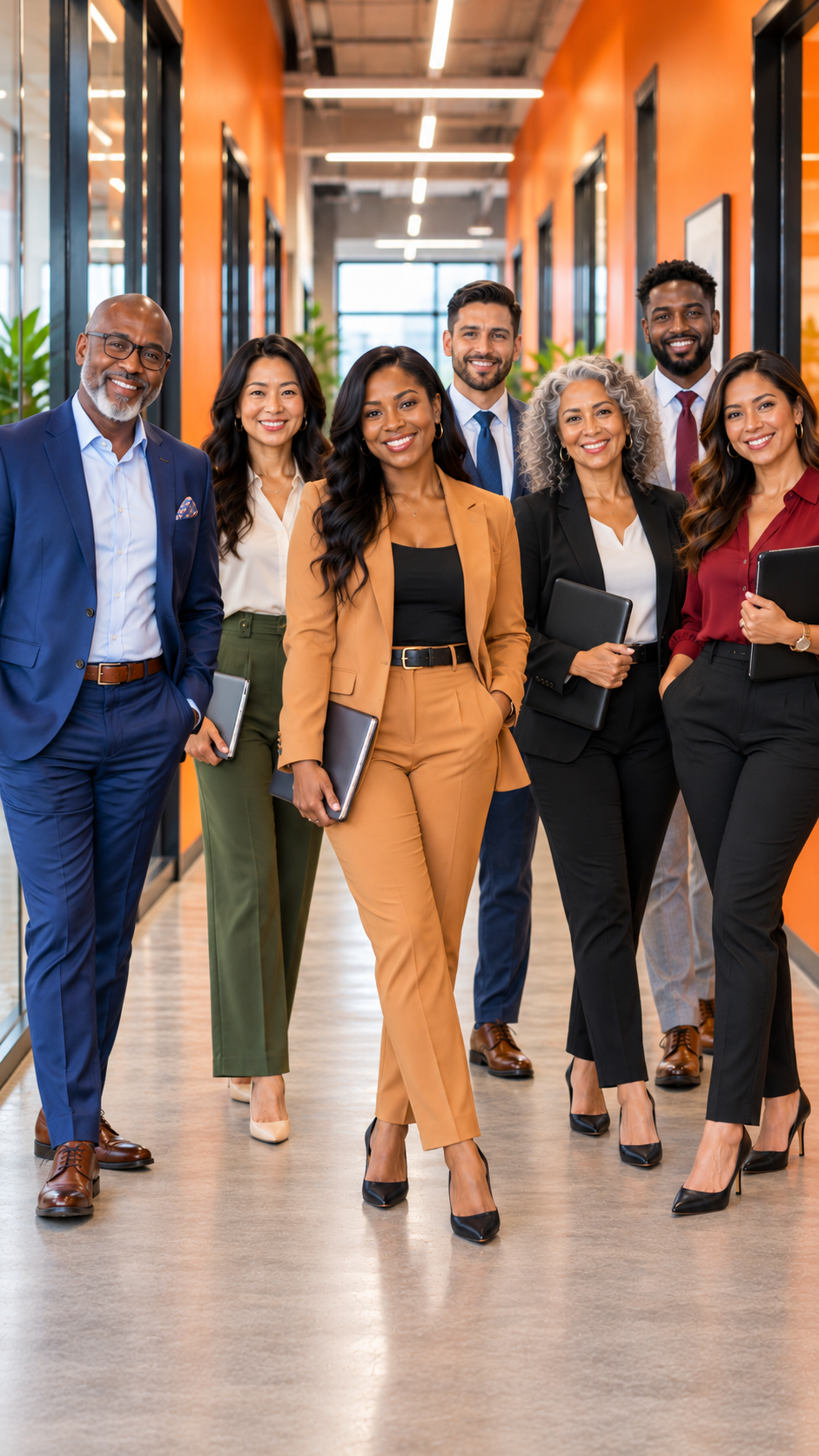 Group of diverse professionals in business attire walking down office corridor, smiling and holding folders or tablets.