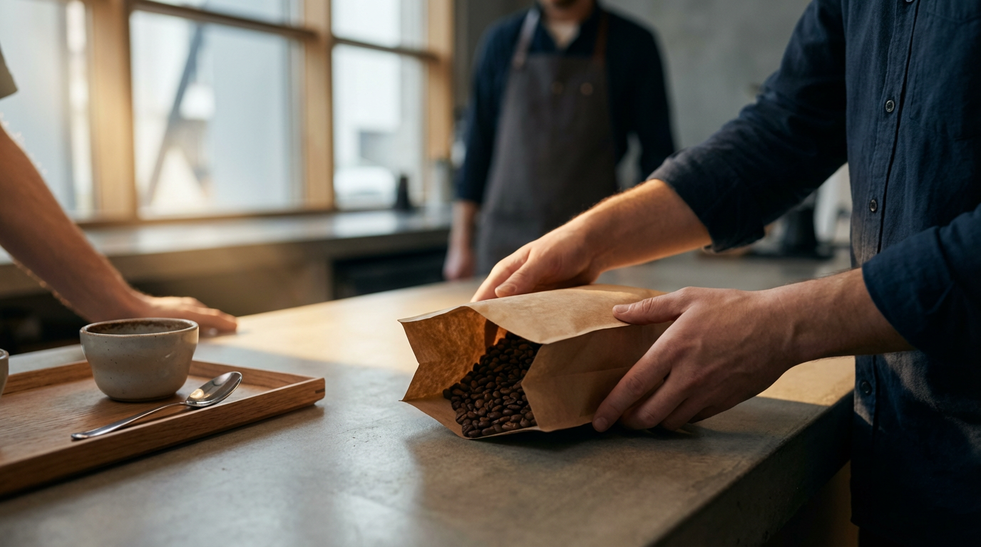 Person pouring coffee beans from a brown paper bag on a countertop in a coffee shop.