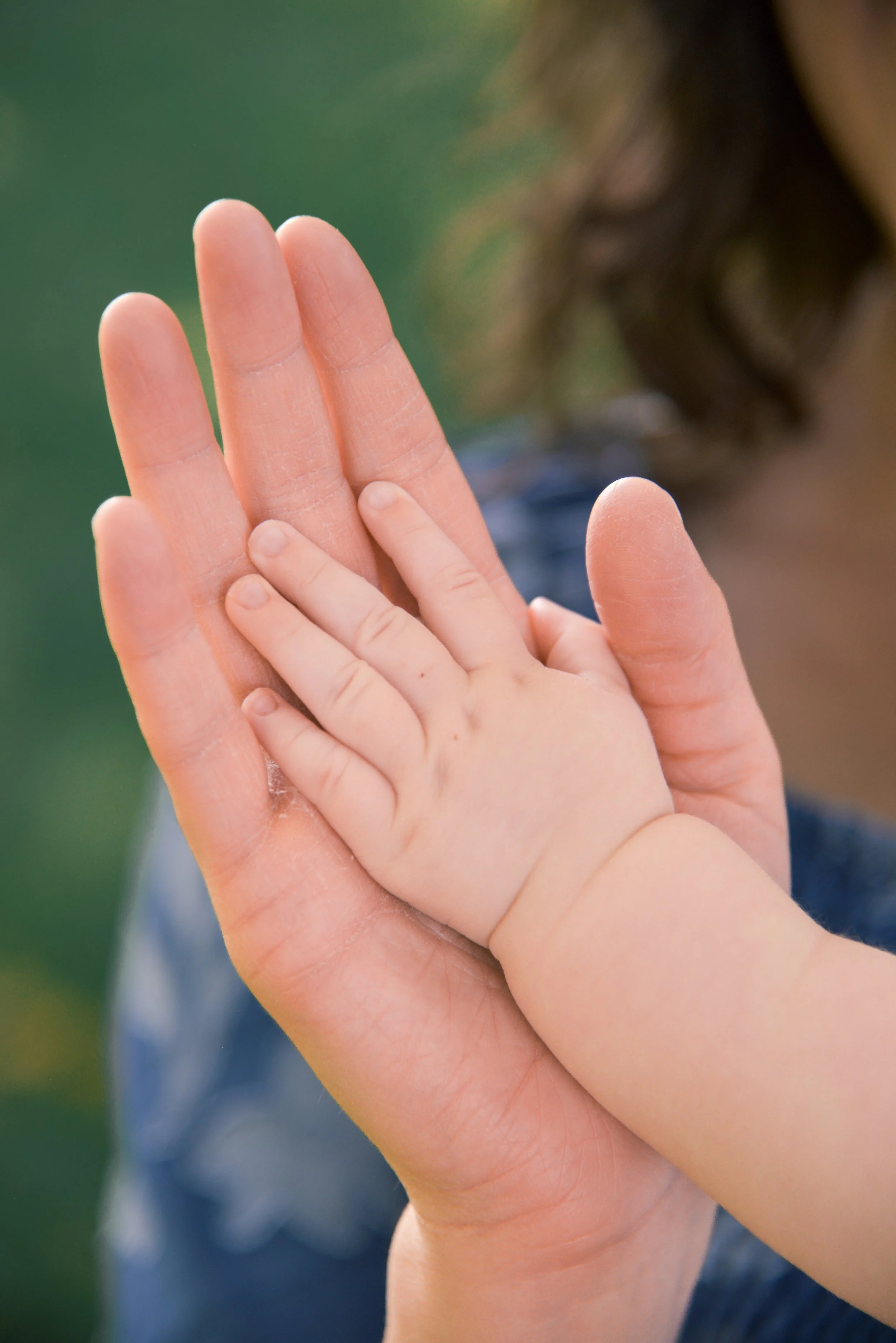 Close-up of an adult's hand gently holding a child's hand with fingers intertwined.