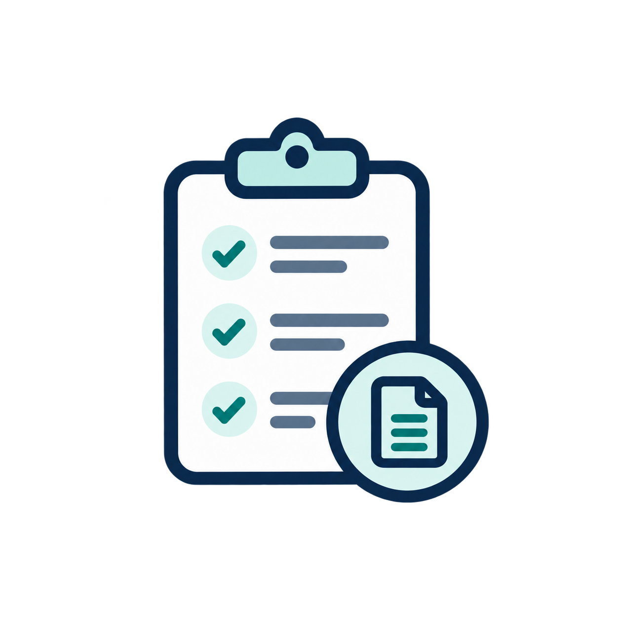 Illustration of a clipboard with three checkmarks next to lines of text and a sheet of paper icon in front.