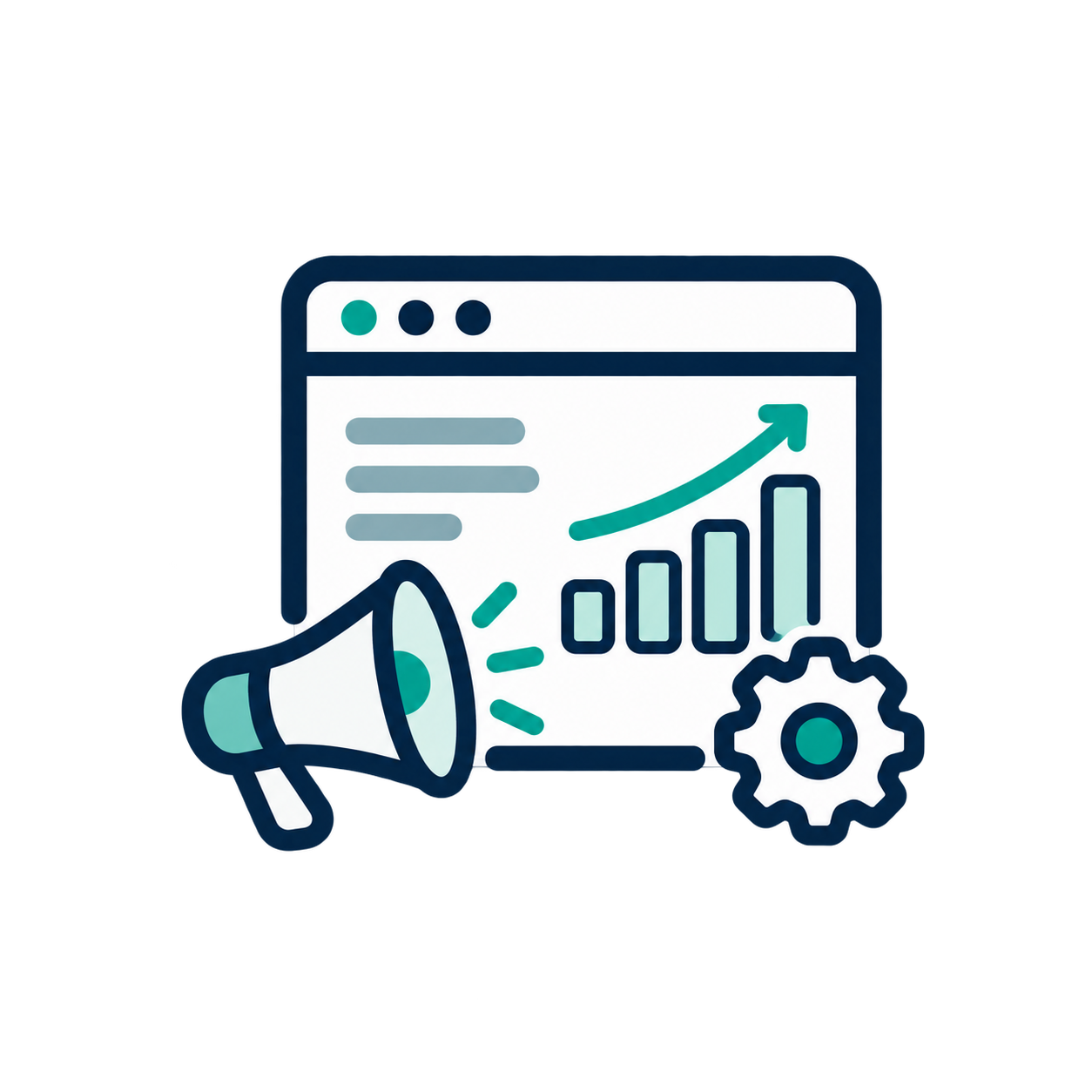 Digital marketing illustration featuring a computer monitor with a bar chart and upward arrow, a megaphone, and a gear icon, symbolizing marketing growth and optimization.