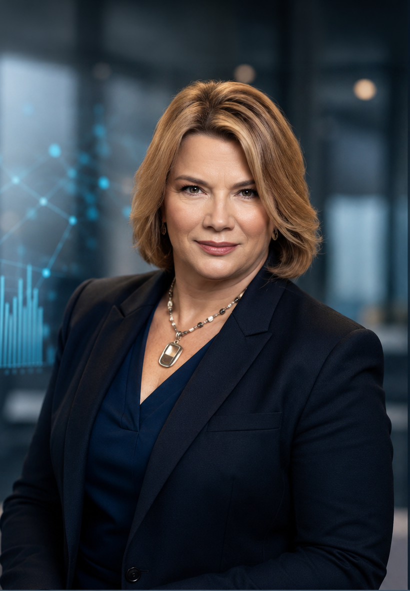 Professional woman with blonde hair in a dark navy blazer and matching top, wearing a silver necklace with black beads, in a corporate office setting with digital graphs and data visuals in the background.