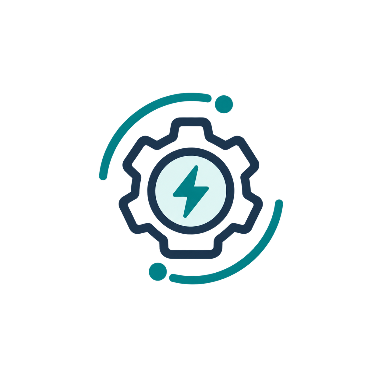 Illustration of a gear with a lightning bolt inside, surrounded by two circular arrows and horizontal bars, symbolizing energy, power, or automation.