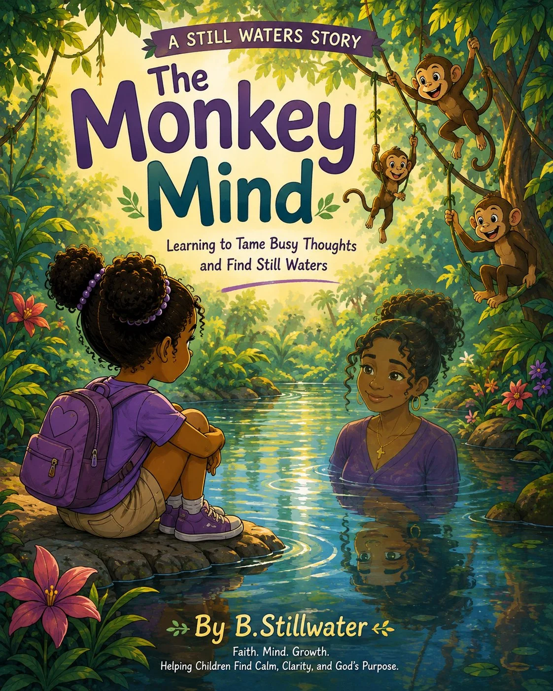Book cover titled 'The Monkey Mind' by B. Stillwater, featuring children in a jungle setting with monkeys and a woman in water.