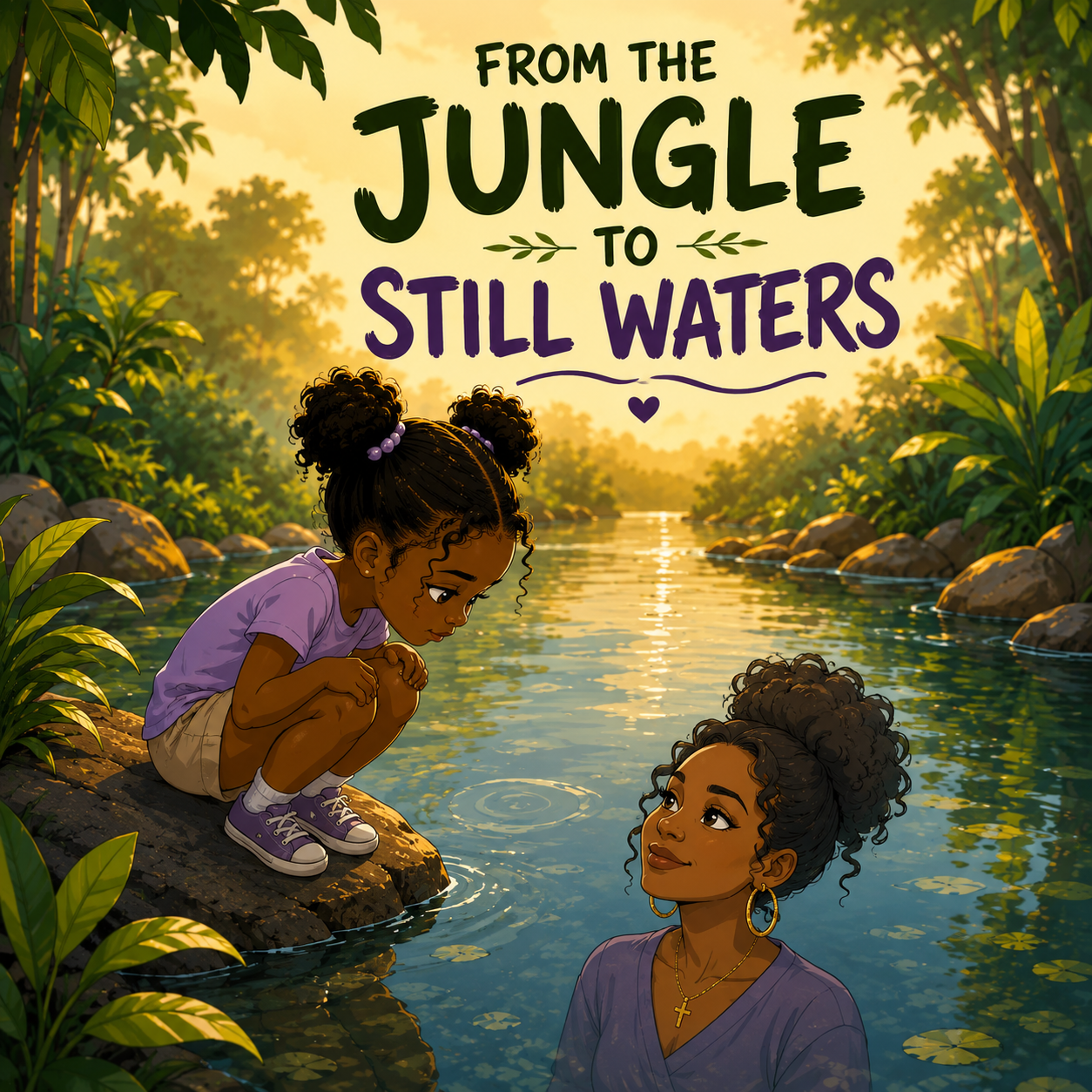 A girl sitting on a rock at the edge of a jungle river, leaning over to look at a woman in the water during sunset, with lush green trees and rocks surrounding the water. The image has the text "From the Jungle to Still Waters" at the top.