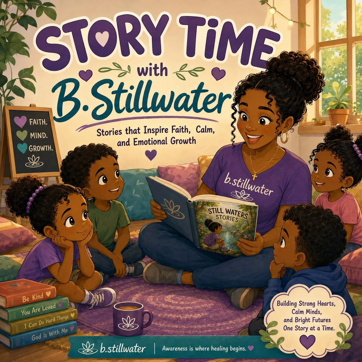An illustration of a woman reading a children's book titled "Still Waters Stories" to five young children in a cozy, sunlit room with plants on a windowsill. The woman wears a purple "b.stillwater" shirt and has curly hair tied up. The children are sitting on a purple rug, attentively listening, with a small stack of books titled "Be Kind," "You Are Loved," "I Can Do Hard Things," and "God Is With Me" nearby, along with a purple mug and a blackboard with the words "Faith," "Mind," and "Growth" written next to hearts and a lotus flower symbol. The scene suggests a storytime session focused on inspiring faith, calm, and emotional growth.