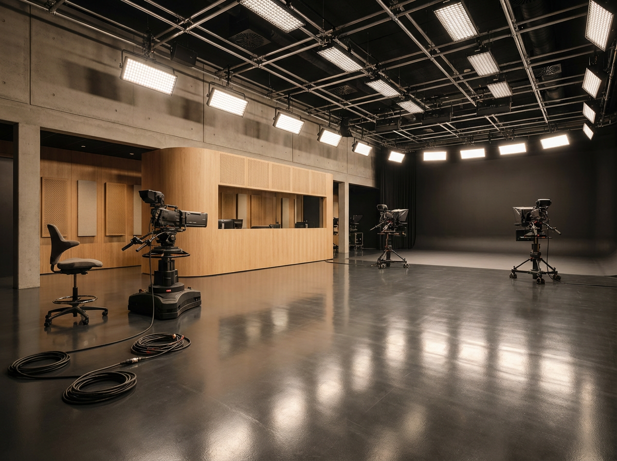 Television studio with three cameras, a wooden control booth, studio lights on ceiling, and black curtains.