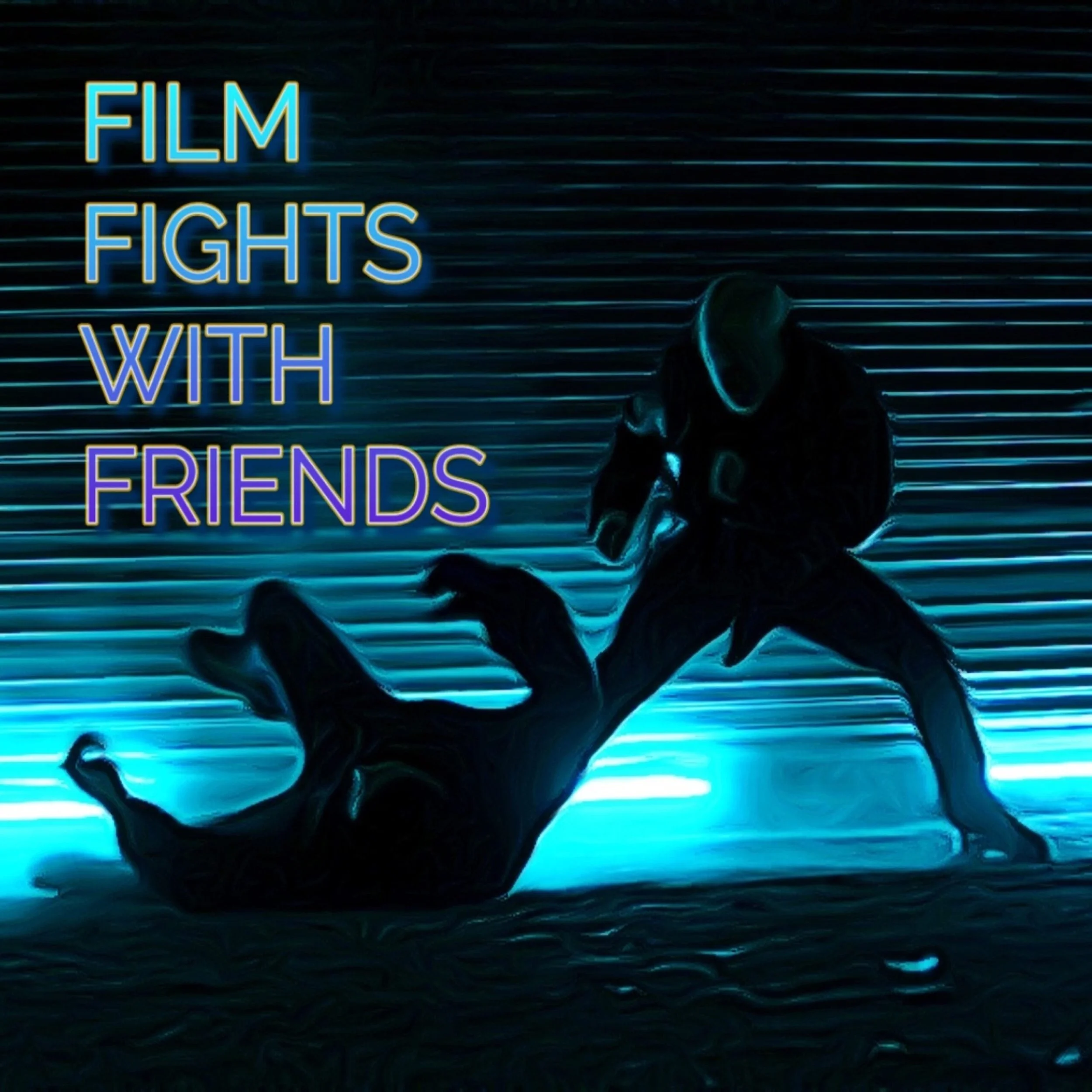 Neon sign displaying the words 'Film Fights with Friends' against a dark, textured background with horizontal lines and a stylized, abstract hand silhouette.