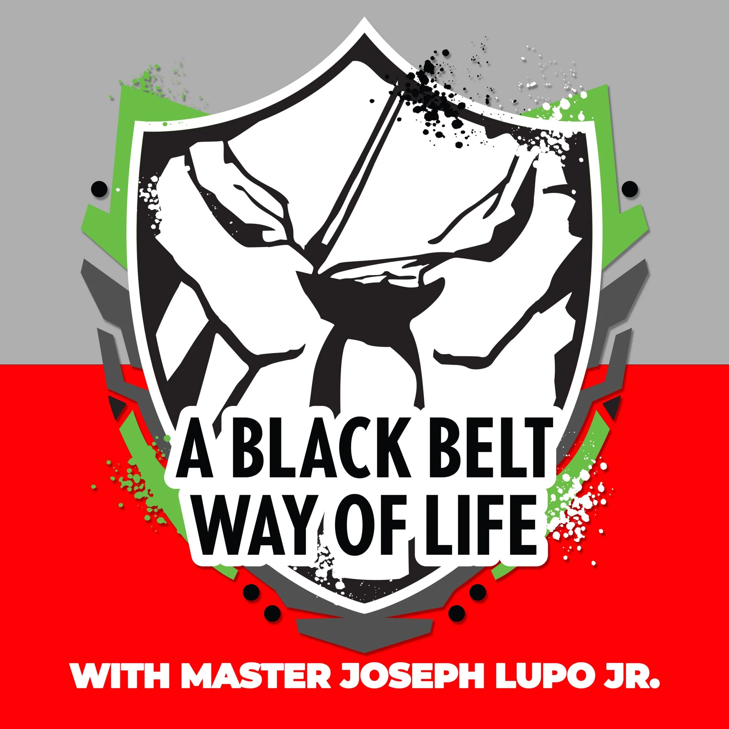 A logo with a black and white shield shape featuring a stylized face with closed eyes and a beanie, surrounded by green and gray elements, and splashed black paint. Overlaid text reads, 'WALKING DEAD' and 'WITH MASTER JOSEPH LUPO JR.'