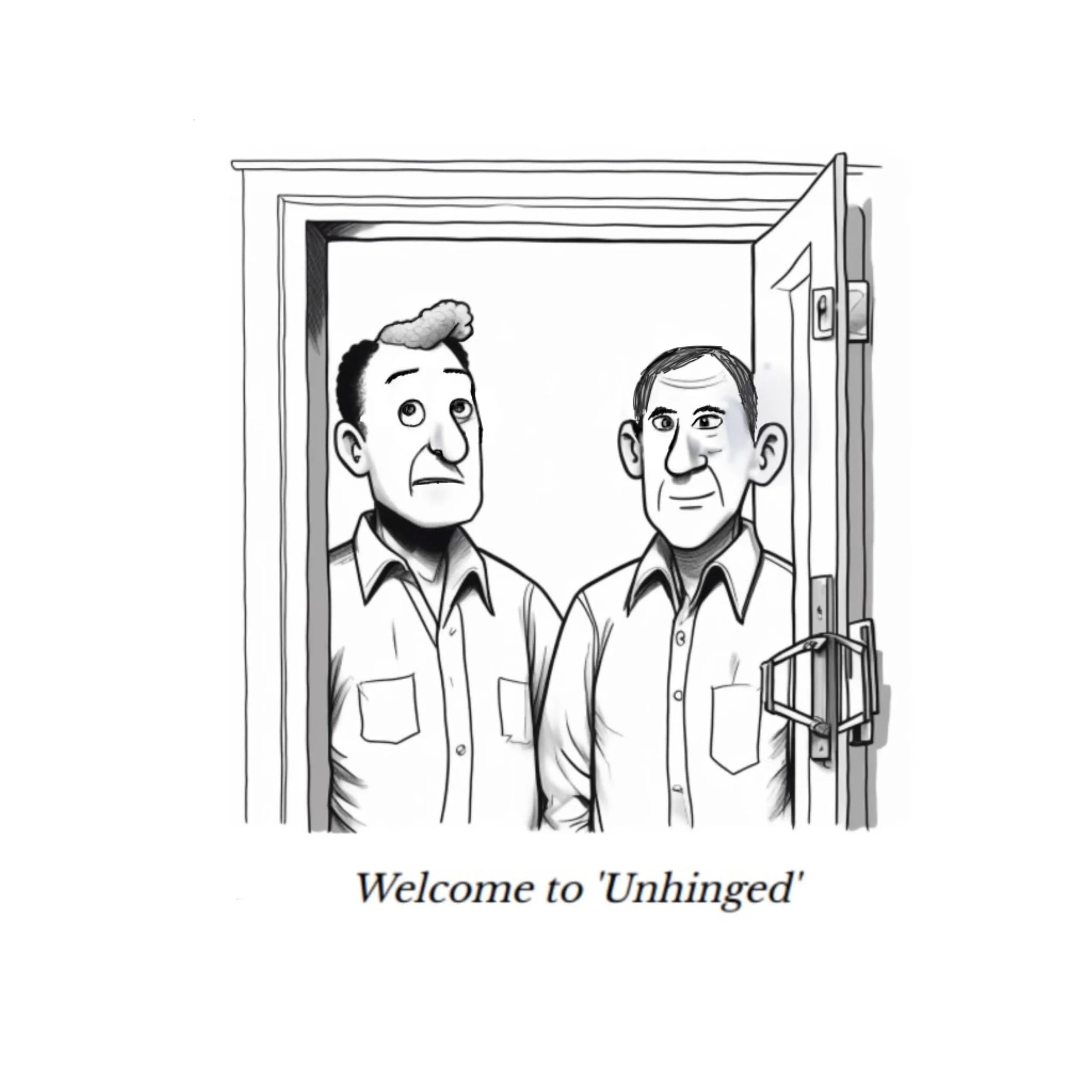 A black and white illustration of two men standing at a doorway, with a sign at the bottom that reads "Welcome to 'Unhinged'".