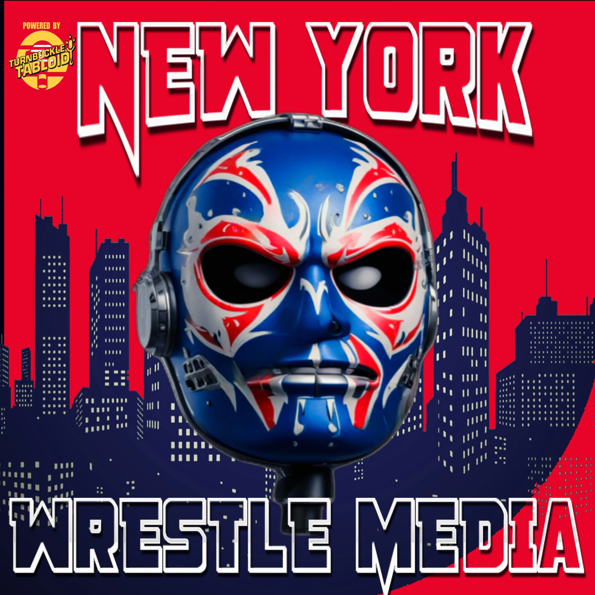 A graphic of a motorcycle helmet with the Joker face painted on it, set against a red background with a blue cityscape silhouette, and text that says 'New York' and 'Powered by Turnbuckle Tabloid'.