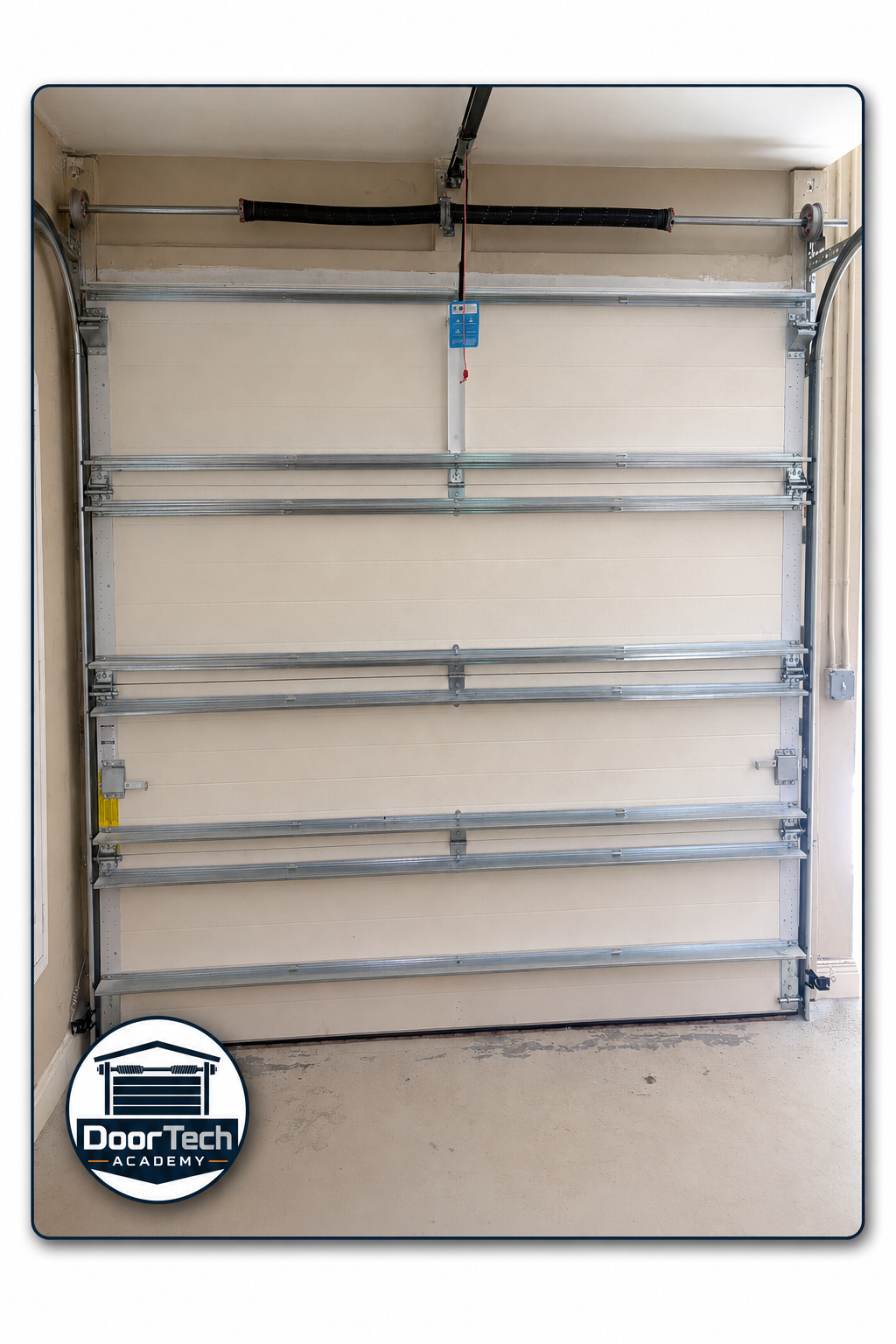 Interior view of a residential sectional garage door and torsion counterbalance system.