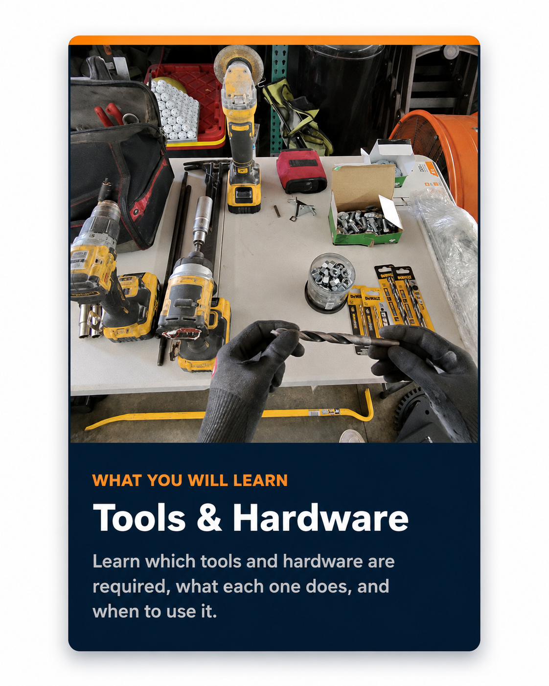 Tools and Hardware lesson featuring garage door installation tools, drill bits, fasteners, and hardware.