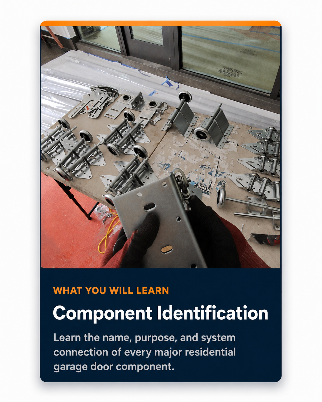 Component Identification lesson featuring residential garage door hinges, rollers, brackets, and bearing plates.