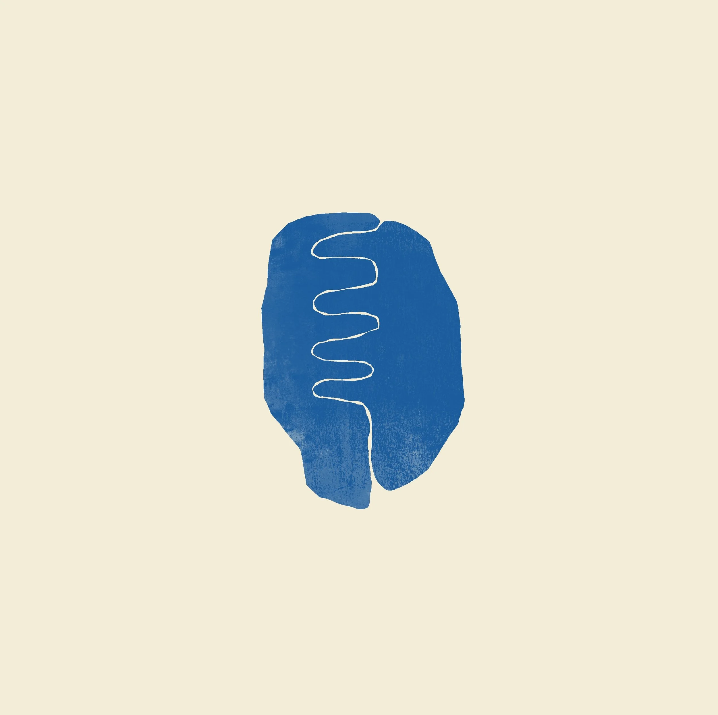 A blue illustrated fist with white outline lines on a beige background.